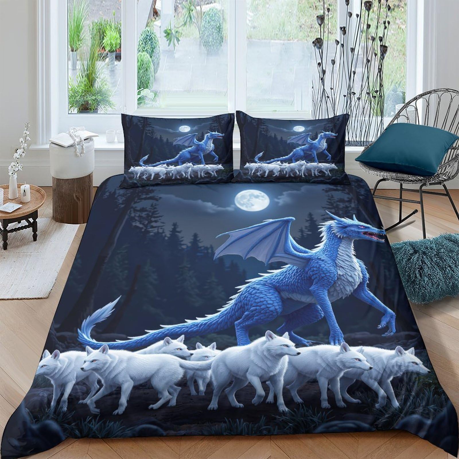 Ctjqhvkz Style-6 3D Printed Moonlit Dragon Fitted Sheet Microfiber Soft Breathable Wolf Pack Bed Cover For Bedroom Dorm Mattress Protection Decor Single（135X200cm）