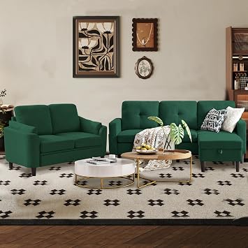 Convertible Sectional Sofa Set, 3-Seater L Shaped Couch with Reversible Chaise Side Pocket and Loveseat Sofa Polyester Fibre for Small Spaces Living Room, Green