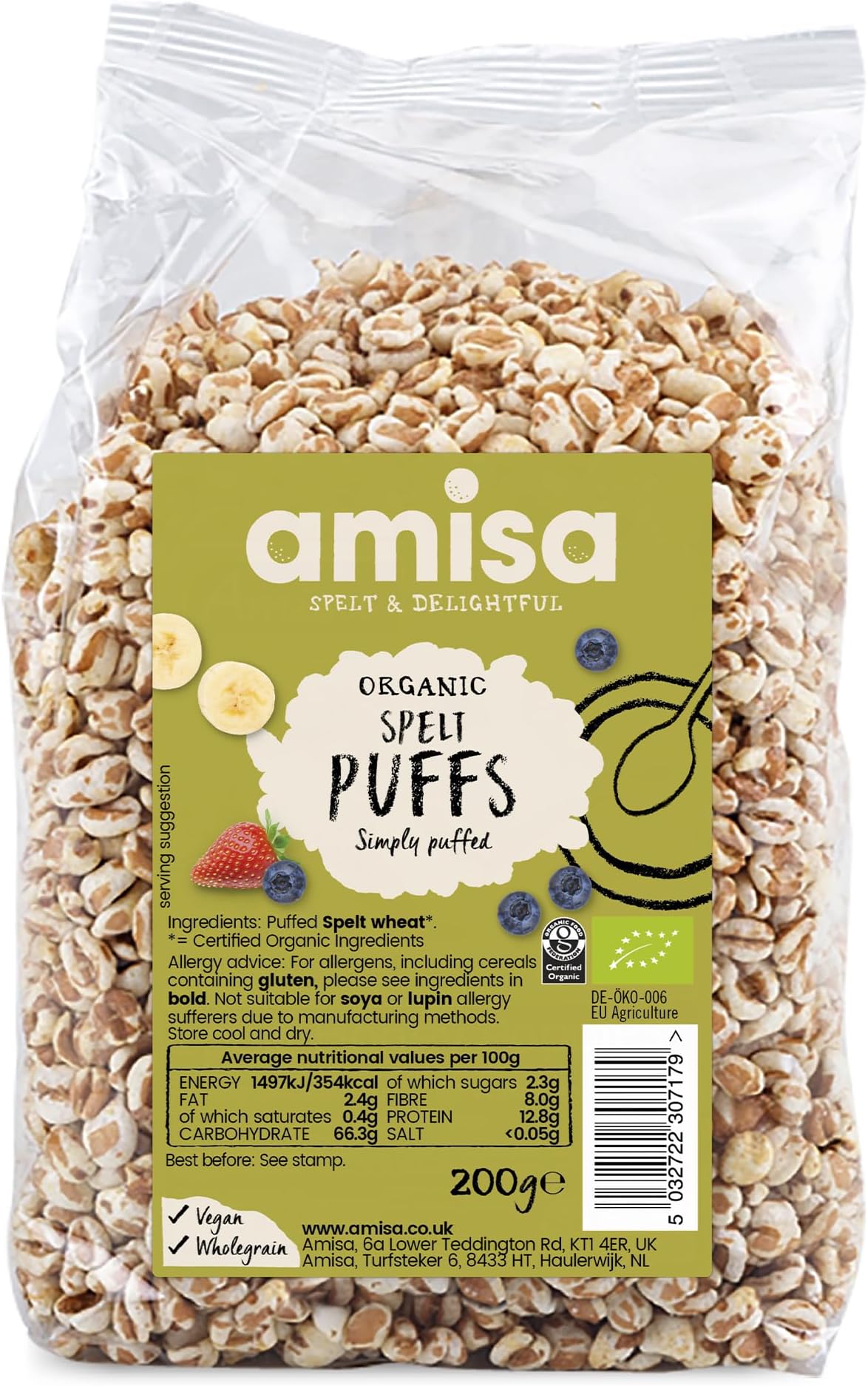 Organic Spelt Puffs, 200g - Light & Crunchy Texture - High in Fibre & Vegan-Friendly Cereal