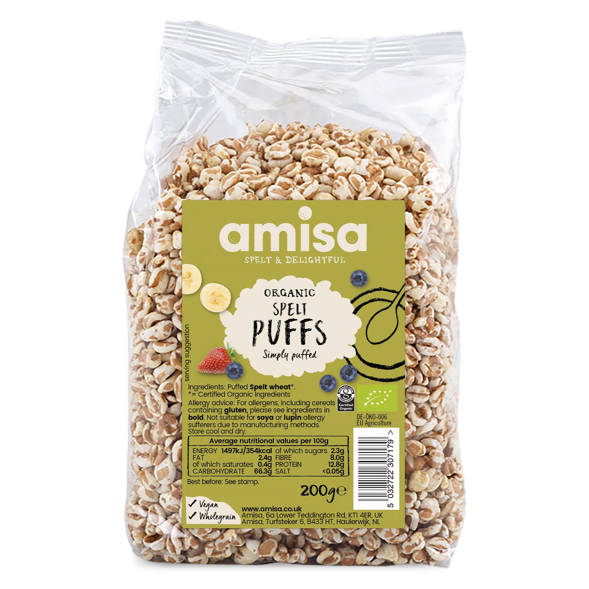Amisa Organic Spelt Puffs, 200g - Light & Crunchy Texture - High in Fibre & Vegan-Friendly CerealEU Organic