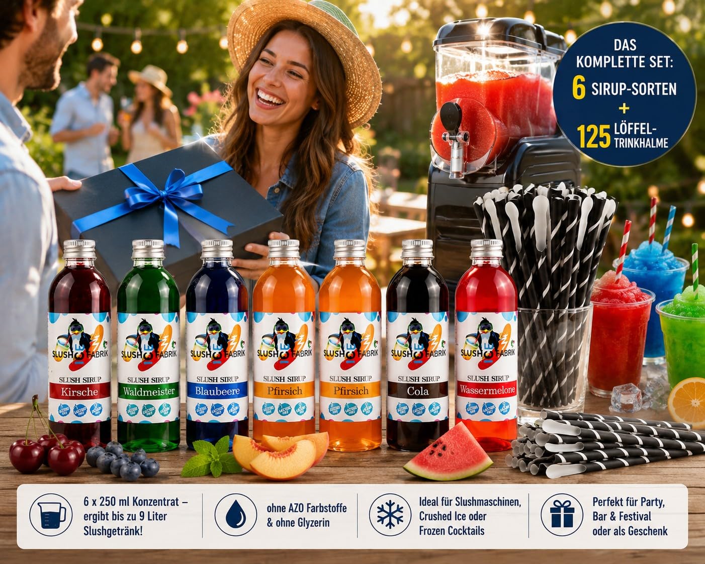 Sirup Partyset 6 x 250ml und 125 Löffelstrohhalme für Slush, Getränke Hergestellt ohne AZO und Glycerin | Slushy selber machen | Slushmaschine Aroma Konzentrat 1:5, Perfekt für Ninja Slushy Maschine