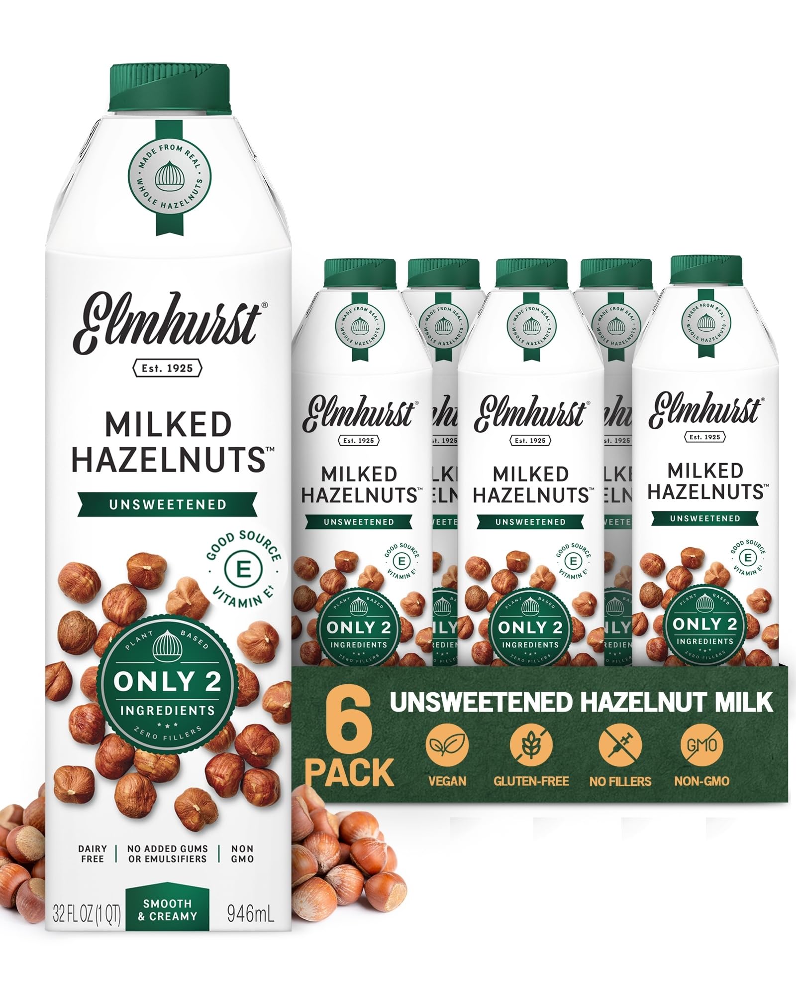 Elmhurst 1925 Unsweetened Hazelnut Milk - 32 Ounce (Pack of 6) Dairy-Free, Gluten-Free, Vegan, Kosher, Shelf Stable Milk Made with Water & Hazelnuts for Healthier, Simpler Plant-Based Alternatives