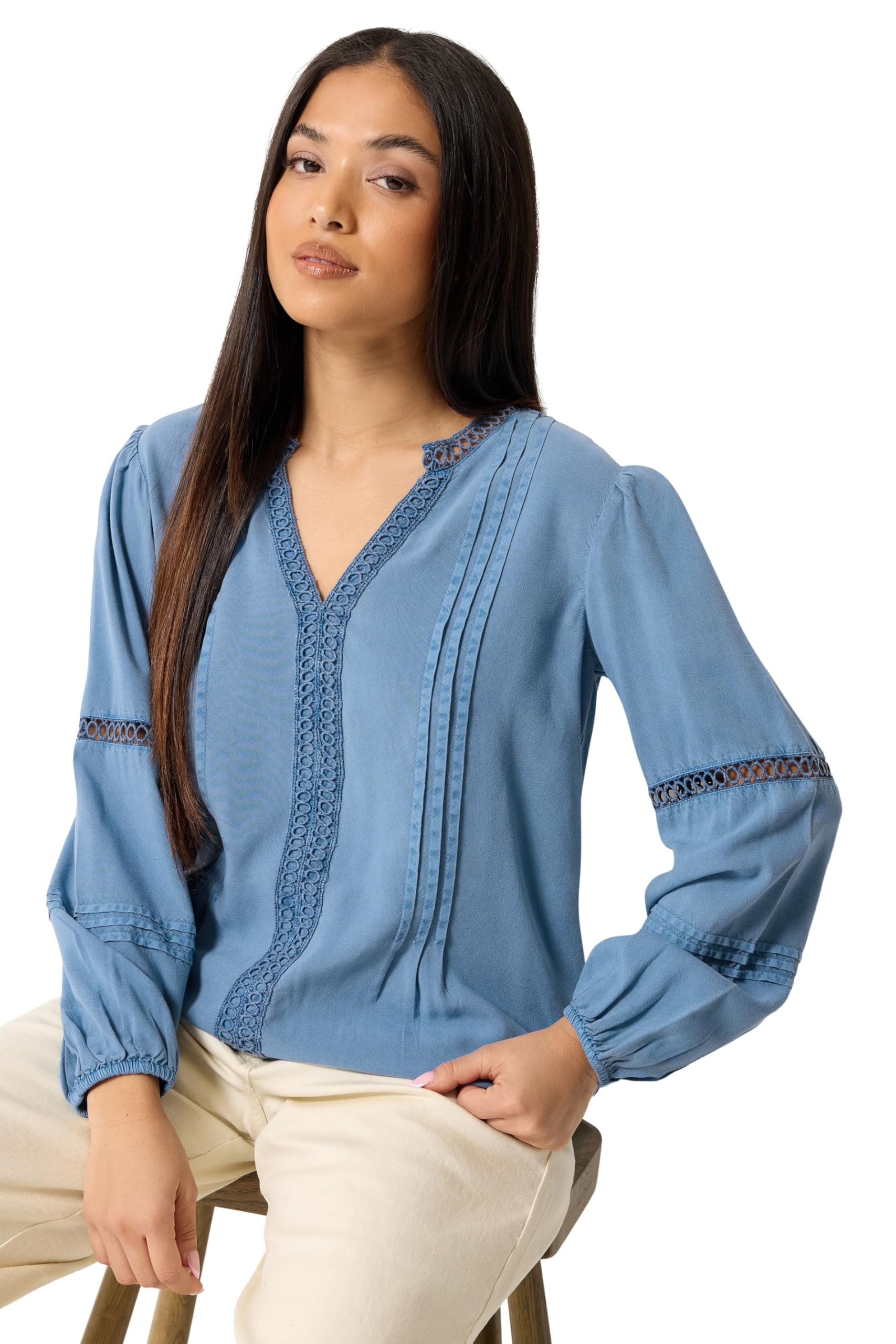 M&Co Women's Blue Petite Lace Trim Pintuck Blouse In | Size: 10