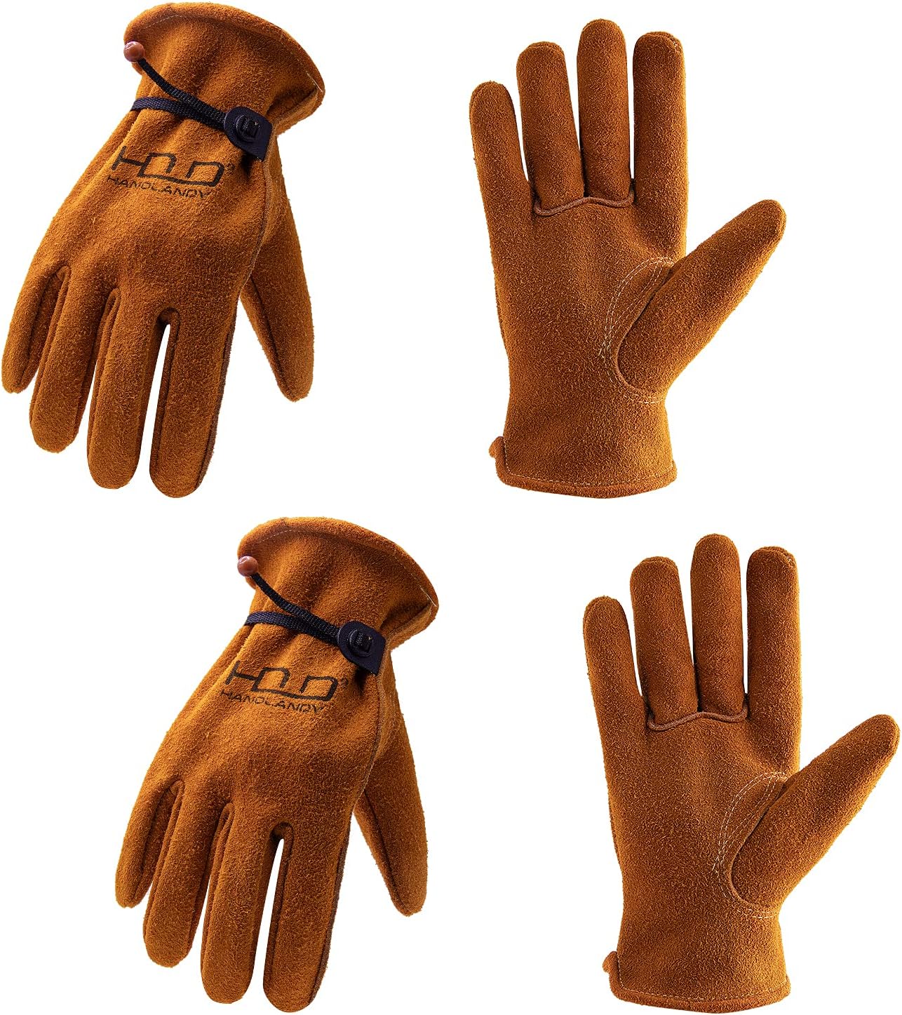 HANDLANDY HLDD 2 Pairs Leather Work Gloves for Men & Women, Reinforced Durable Palm for Welding, Farm, Gardening, Driving