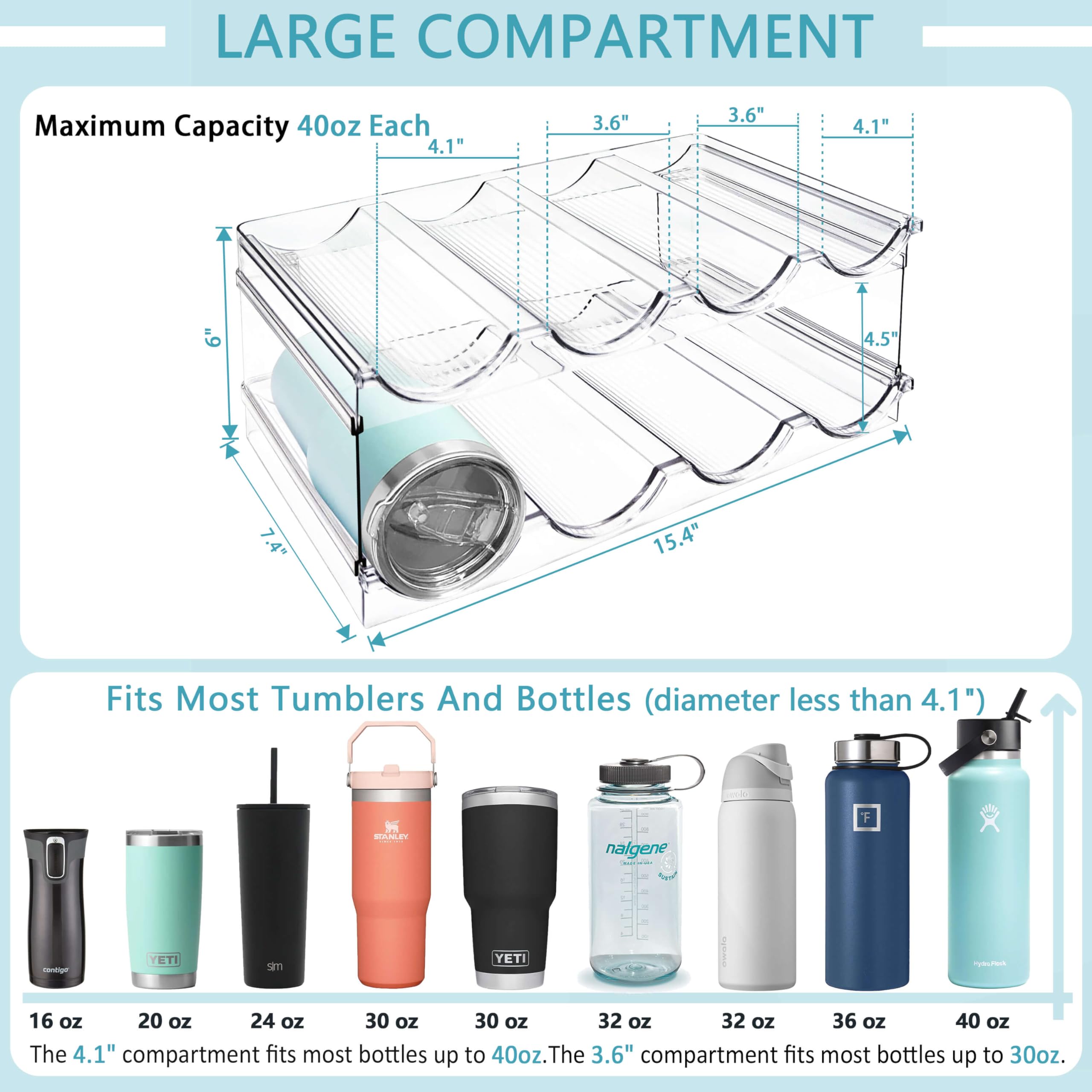 Upgrade 2 Pack Water Bottle Organizer, Stackable Kitchen Pantry Organization and Storage Rack, Water Bottle Holder for Fridge Cabinet Cupboard Storage, Plastic Wine Rack Tumbler Mug Cup Organizer
