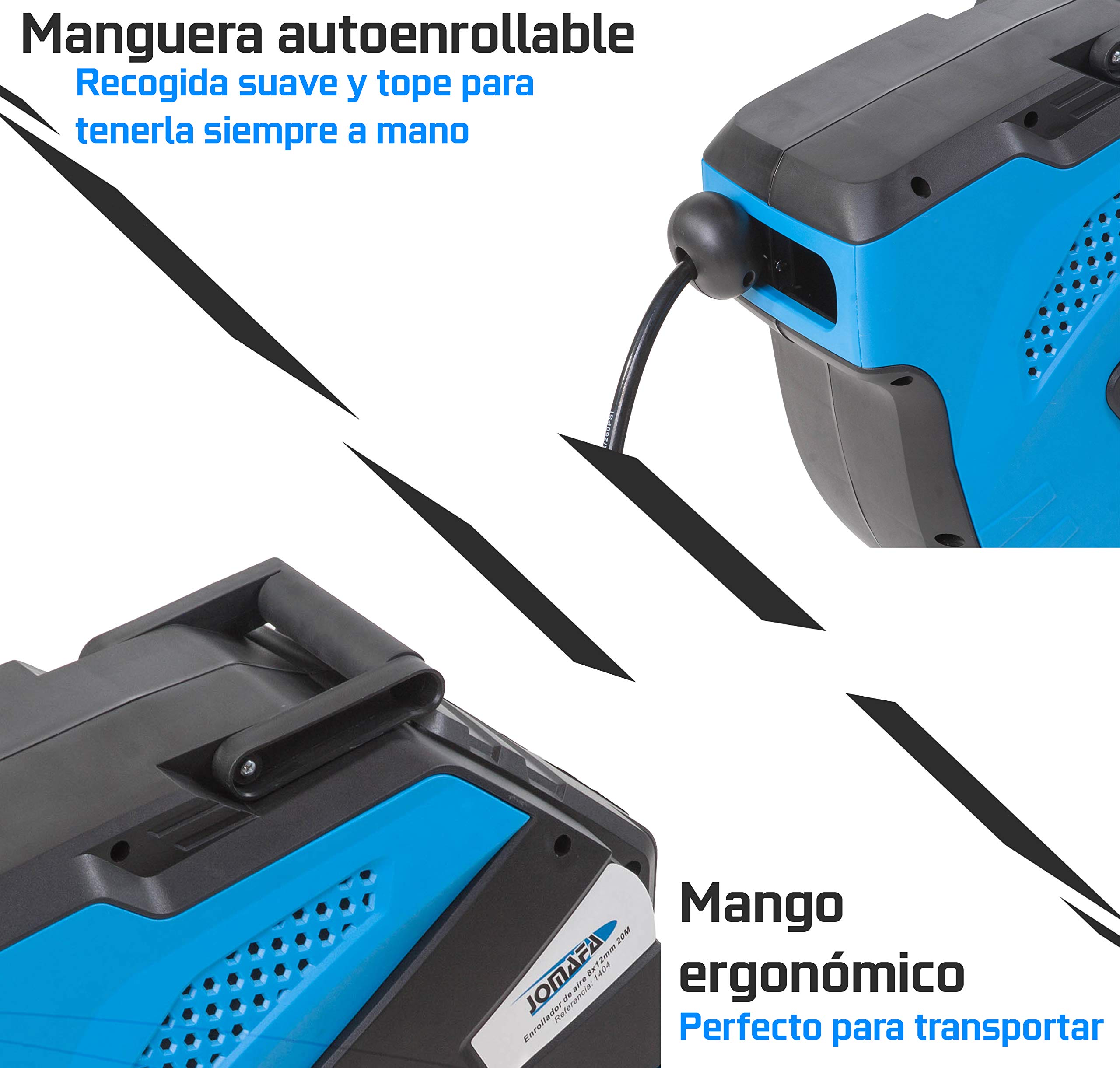 JOMAFA - Carrete de Manguera Aire Comprimido 20 m + 2 m profesional | Enrollador de manguera automatico | Conector de 1/4" | Soporte Pared 180° | 9,5 x 15,5 mm | 300 Psi