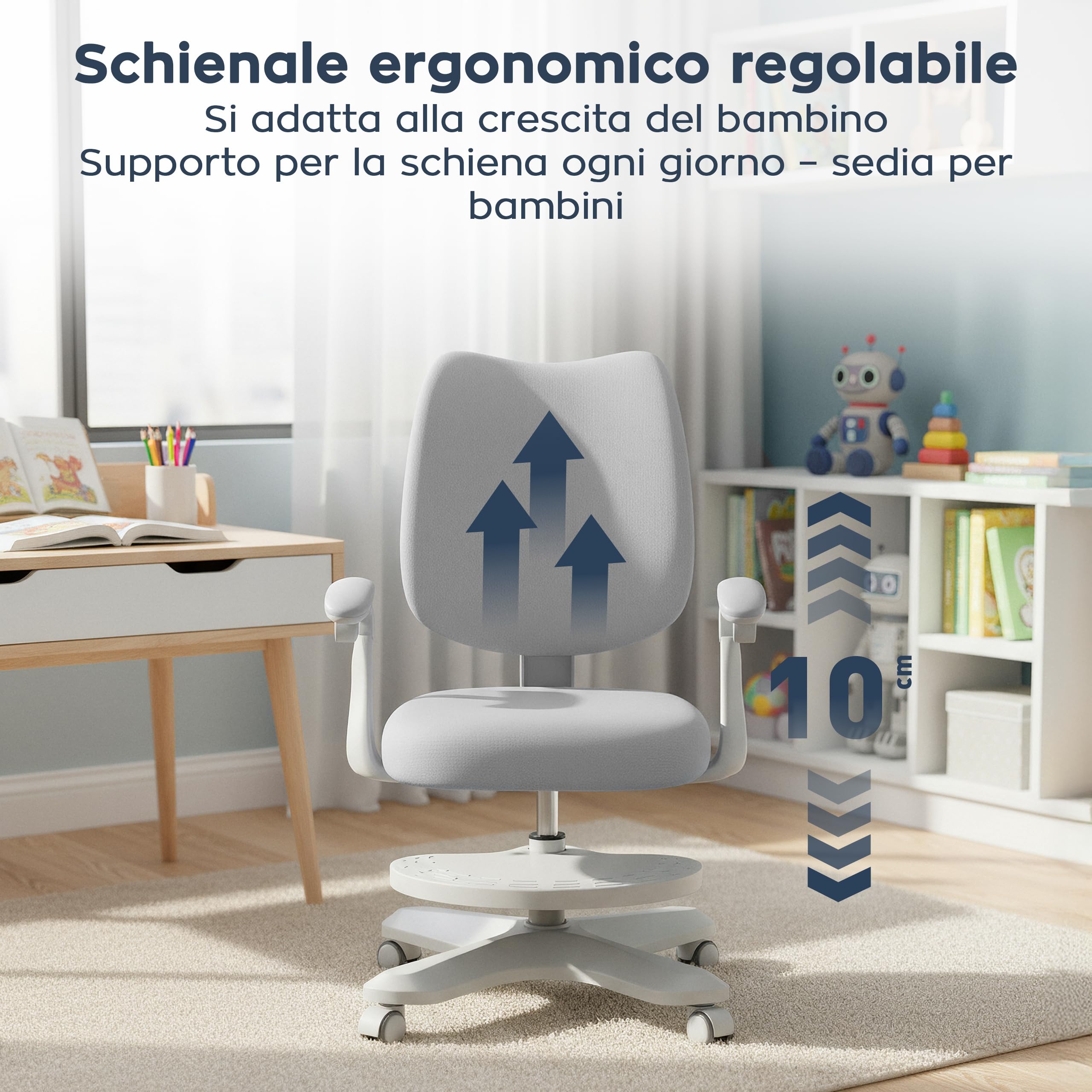 MARK ADLER Junior 4.6 Sedia ergonomica per bambini da scrivania girevole - altezza regolabile - schienale regolabile - rotazione a 360° - braccioli pieghevoli - ruote di gravità - poggiapiedi – Grigio