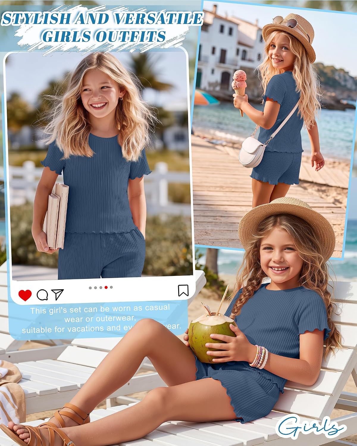 Yooo's Vivi Girls 2 Piece Summer Outfits Cotton Short Sleeve T Shirt and Ribbed Ruffles Cute Shorts with Pockets Lightweight