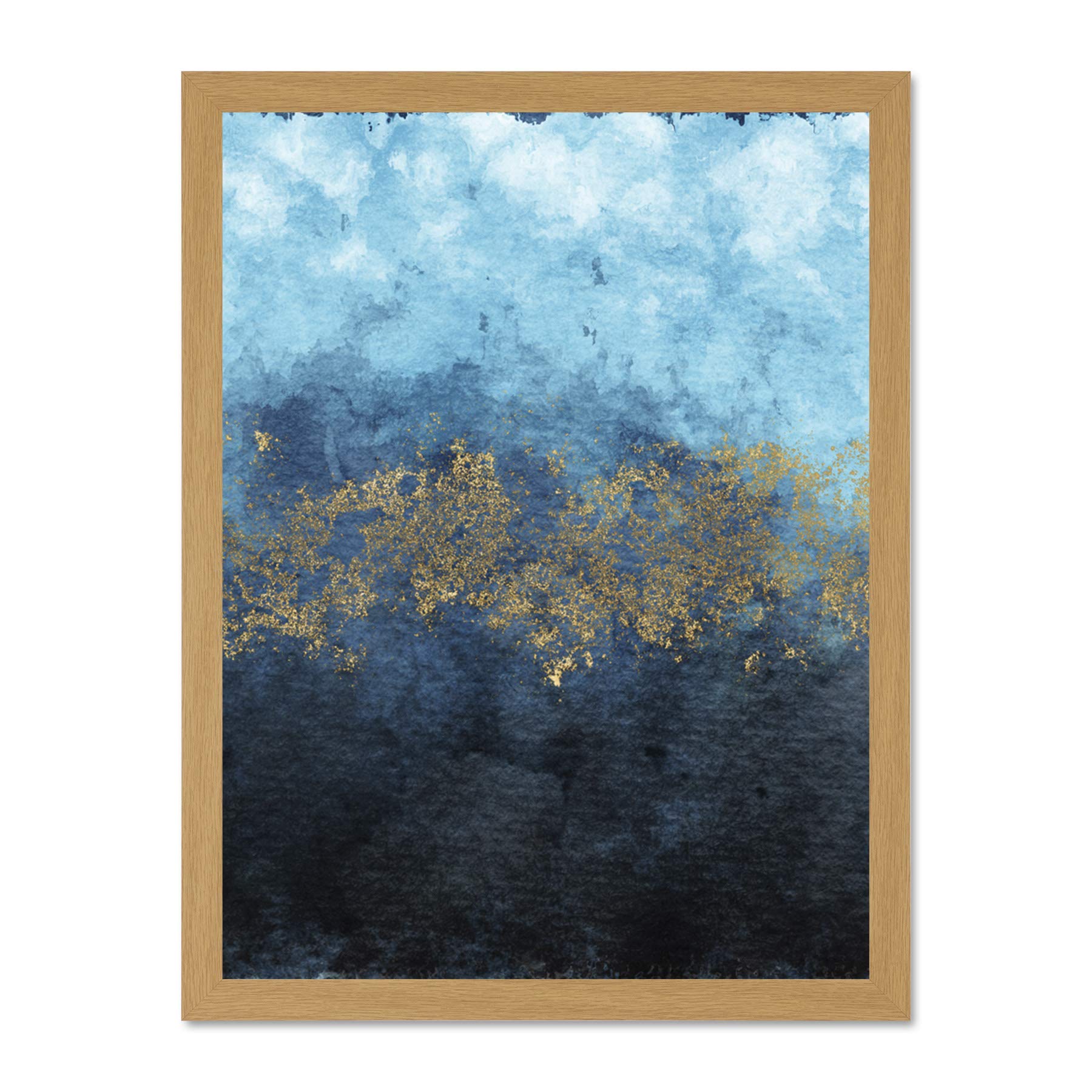 Wee Blue Coo Abstract Blue And Gold Watercolour Large Framed Art Print Wall Poster 18x24 inch