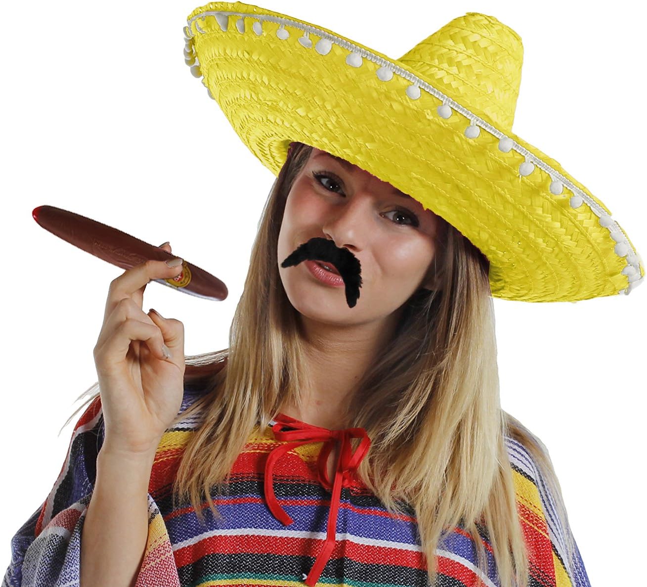 1X YELLOW MEXICAN SOMBRERO HATS PLUS 1X MOUSTACHE PLUS 1X FAKE JUMBO CIGAR STRAW