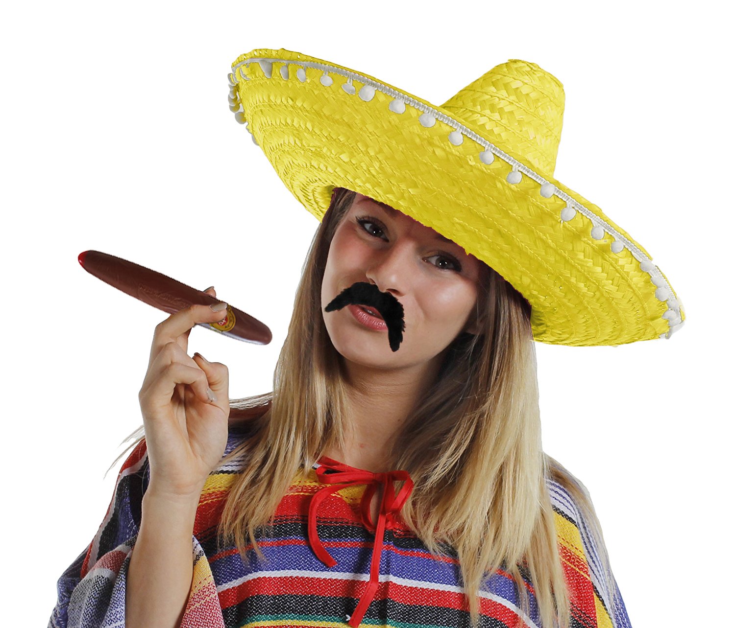 1X YELLOW MEXICAN SOMBRERO HATS PLUS 1X MOUSTACHE PLUS 1X FAKE JUMBO CIGAR STRAW