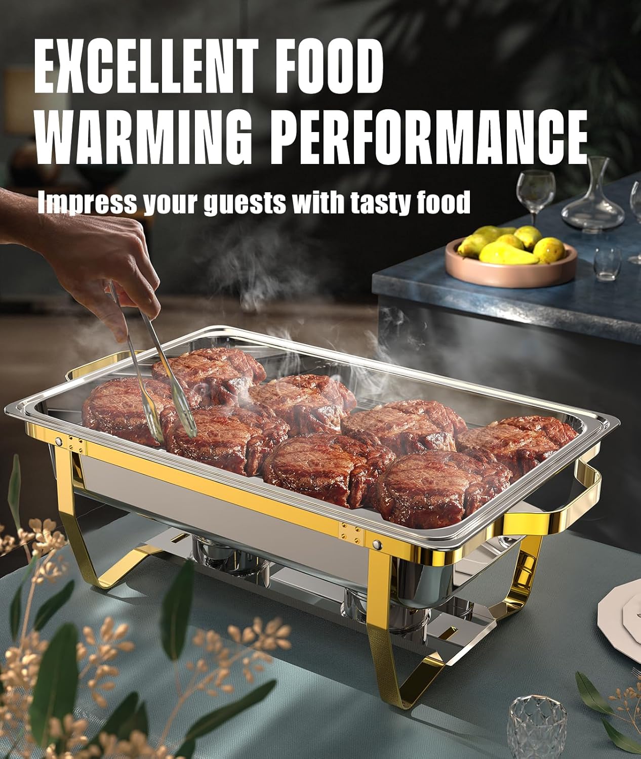 chafing dishes for buffet 4 pack, 9qt [no fingers cut] roll edge designed chafing dish buffet set [mirror-like polished finish] food warmers for parties, birthday, holiday parties, church events, etc 4 pack gold