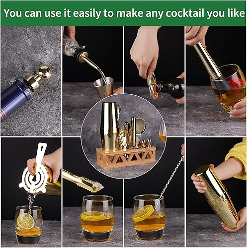 Miniatura 6 de Juego de coctelera con soporte de bambú, juego de barra de 13 piezas de acero inoxidable para barman profesional y hogar (dorado)