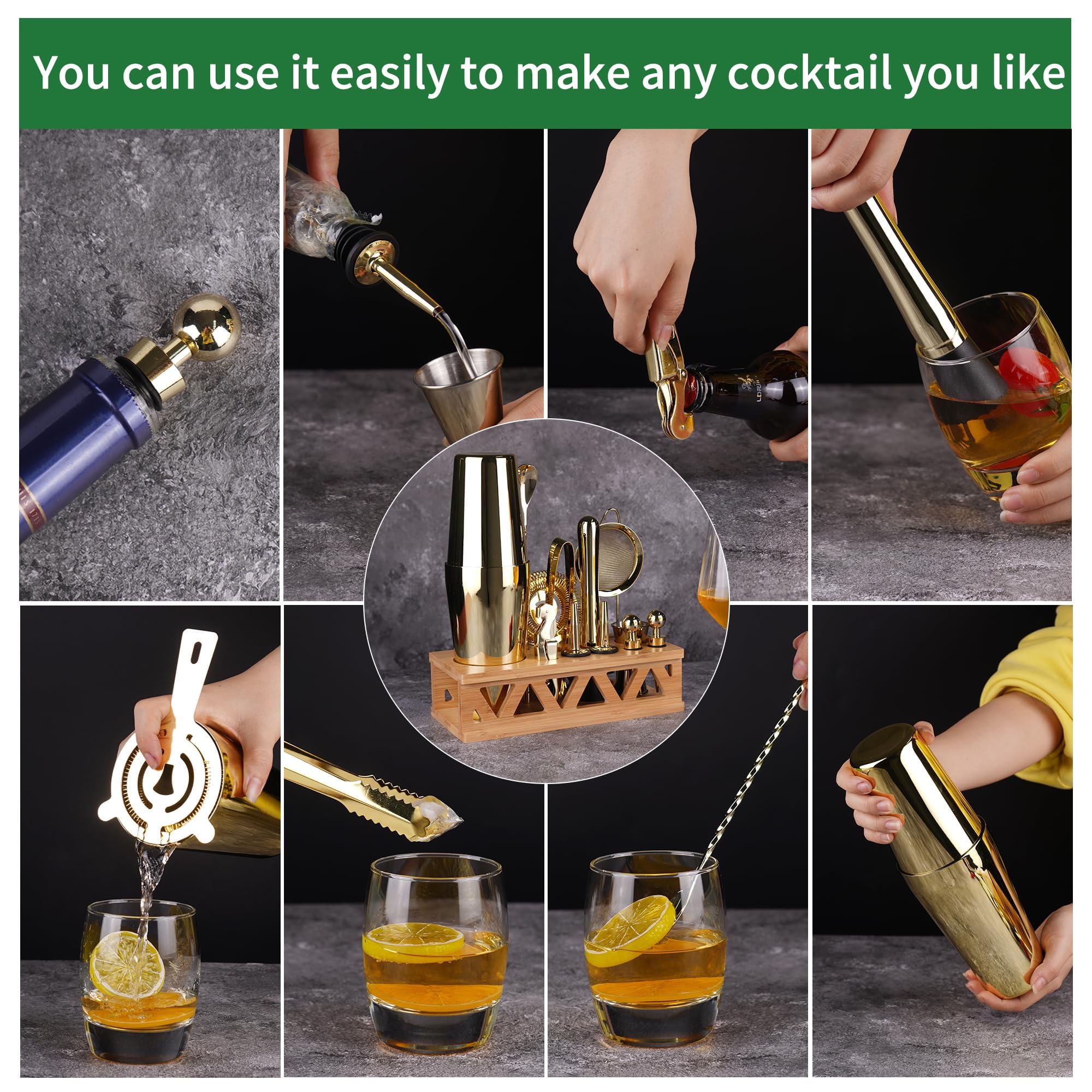 Kit de barman con soporte giratorio de bambú, juego de coctelera de 11 piezas de acero inoxidable con folleto de recetas (dorado)