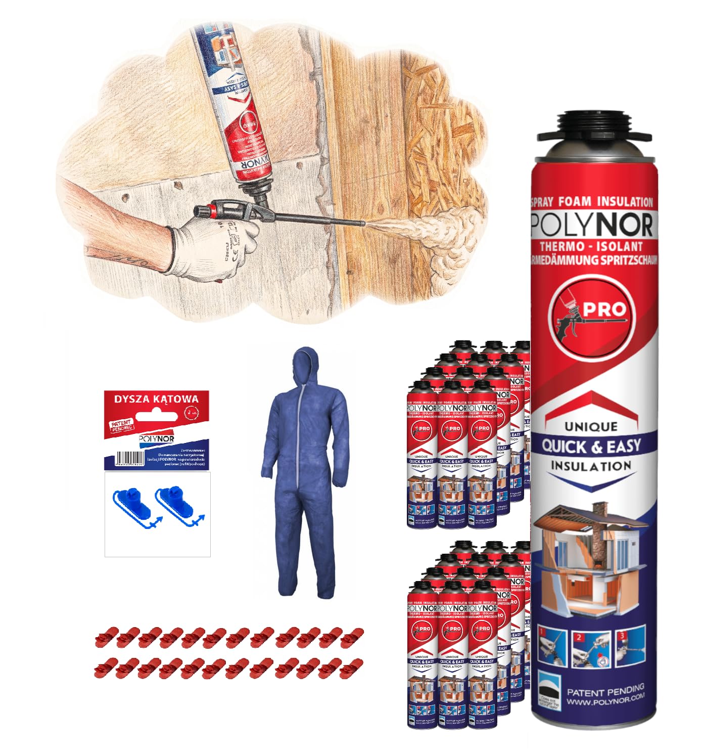 POLYNOR Isolation thermique PUR en bombe PRO - Kit - 24 mousses - Isolation thermique par pulvérisation - Isolation des murs, toitures, plafonds, tuyaux - Aérosol 750 ml