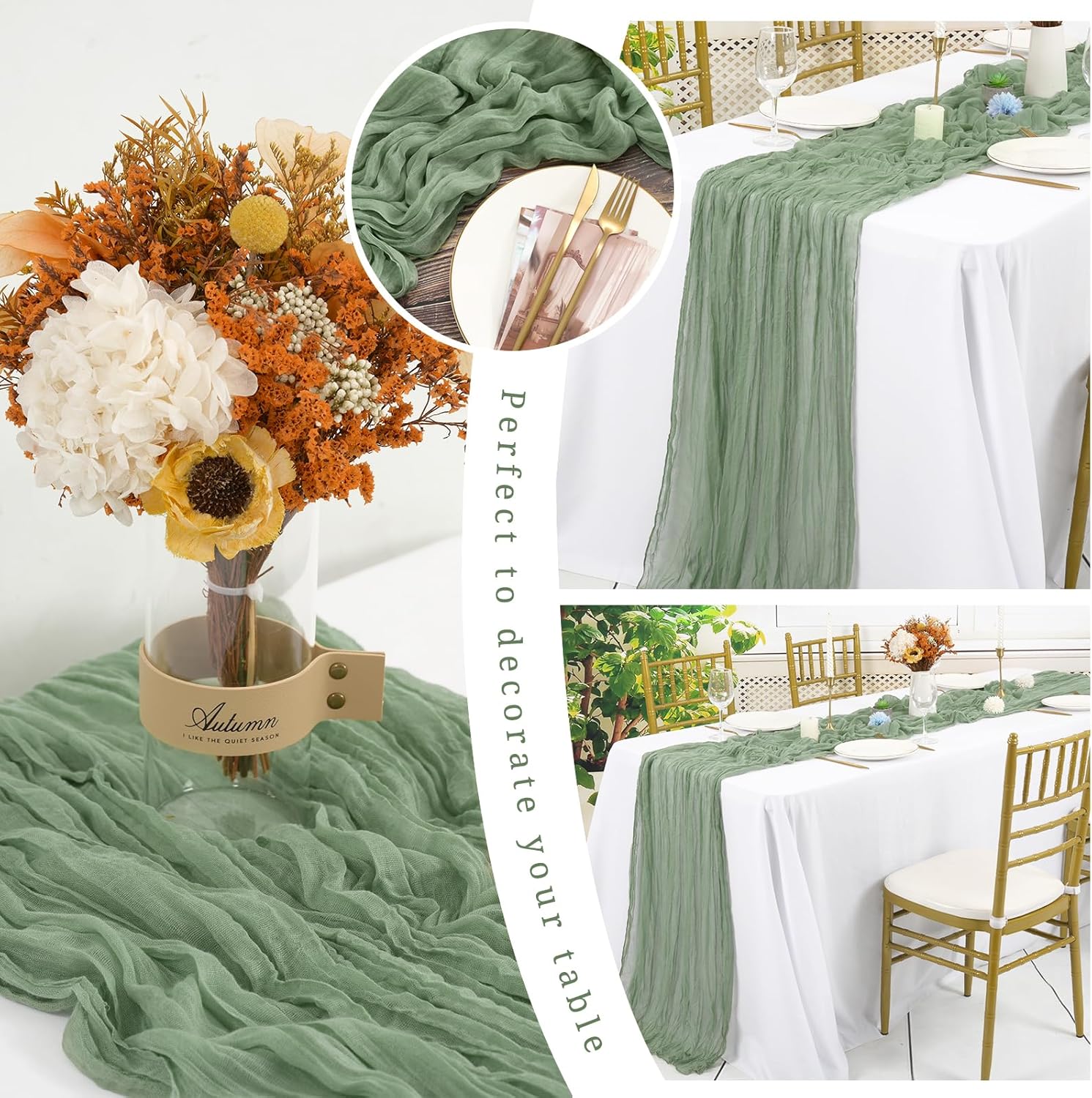 24 Pack Sage Green Cheesecloth Table Runner,Gauze Boho Long Cheese Cloth Table Runner 17x108 inch Rustic Table Runners for Wedding Party Bridal Shower Christmas Banquet Table Decorations