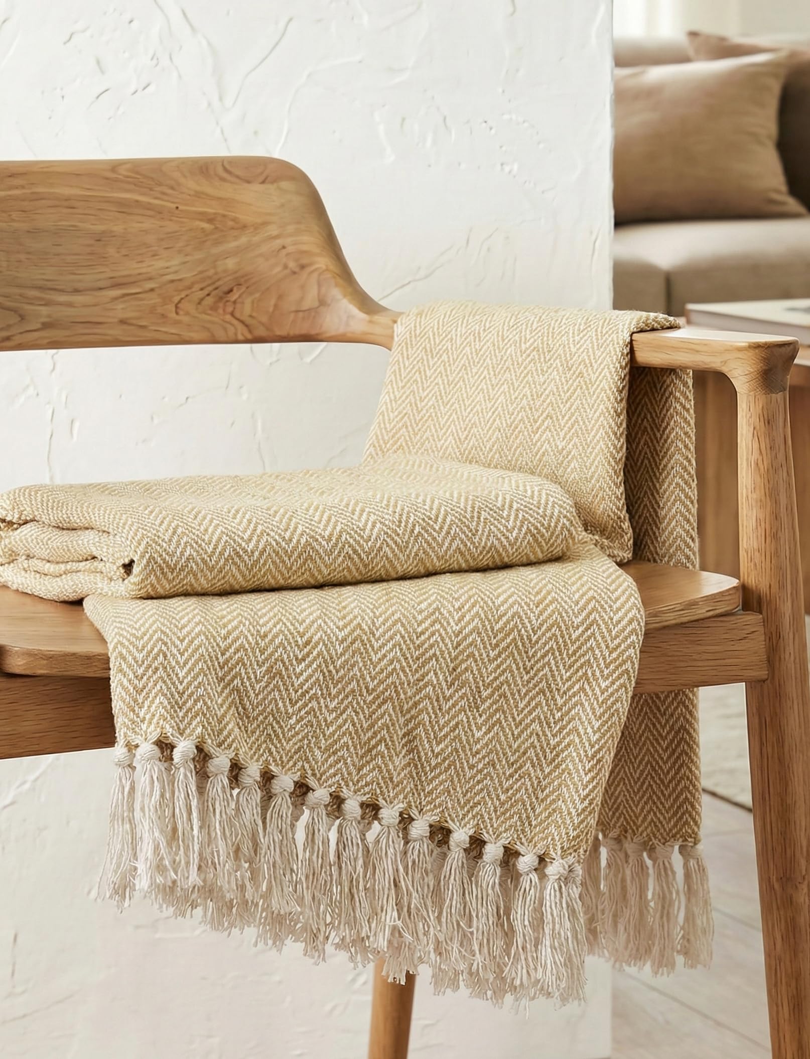 Boho Cotton Sofa Throw - Chevron Zigzag Patterned Hand-Woven Throw Blanket with Tassels for Living Room, Bedroom, Car & Travel (Golden Beige, 50x60 inches)-image-14