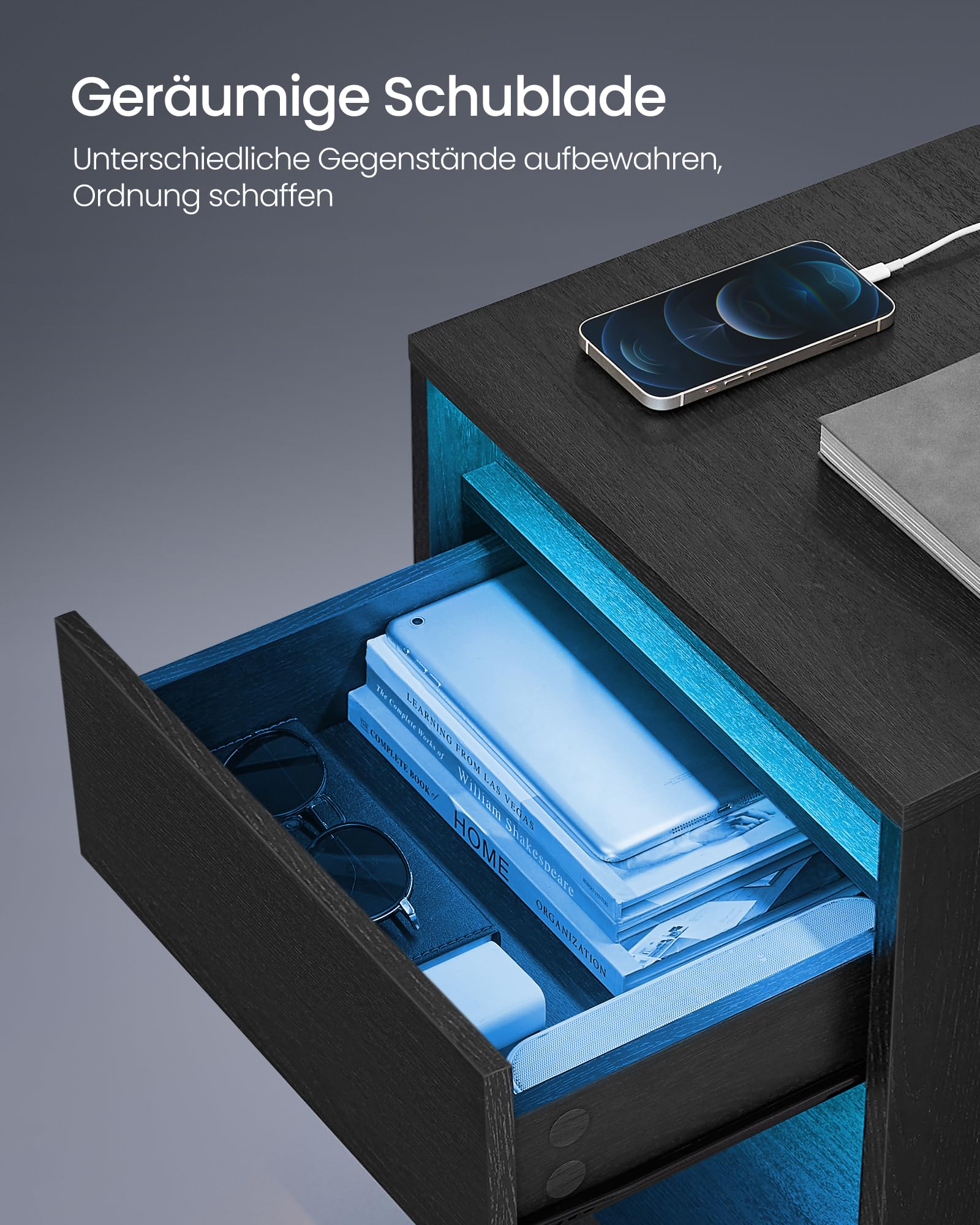 VASAGLE Nachttisch mit Einstellbarer LED-Beleuchtung, Beistelltisch mit Steckdosen, Schublade, 2 AC-Steckdosen, 2 USB-Anschlüsse, modern, für Schlafzimmer, Wohnzimmer, aschschwarz LET618T22