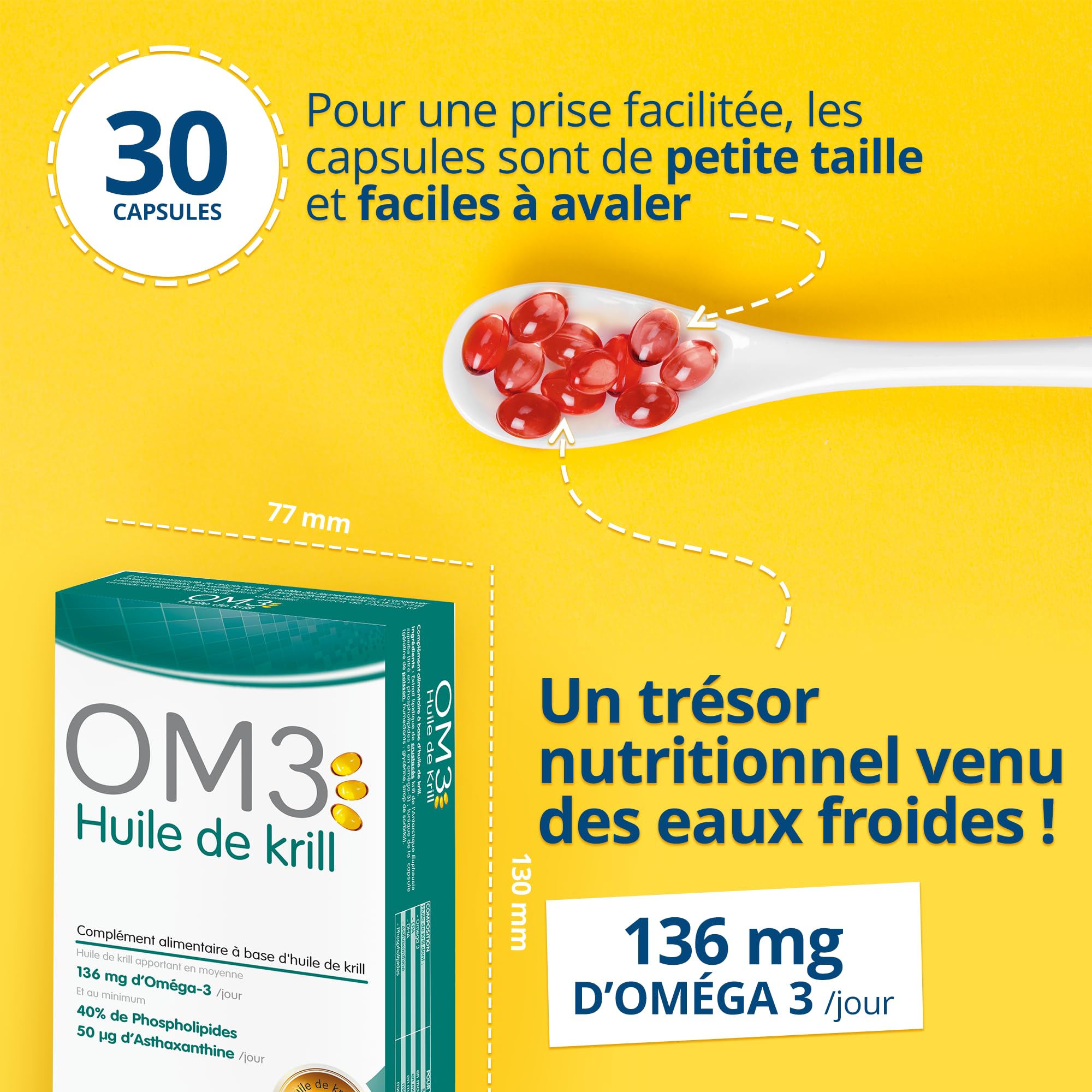 OM3 - Huile de Krill - Riche en Oméga-3, Phospholipides et Esters d’Astaxanthine -Pêche de manière durable en Antarctique - 30 capsules