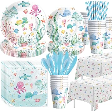 APOWBLS Under The Sea Party Decorations for Birthday Baby Shower, Serves 24 | Ocean Underwater Under The Sea Party Supplies Tableware, Disposable Paper Plate, Cup, Napkin, Tablecloth, Cutlery