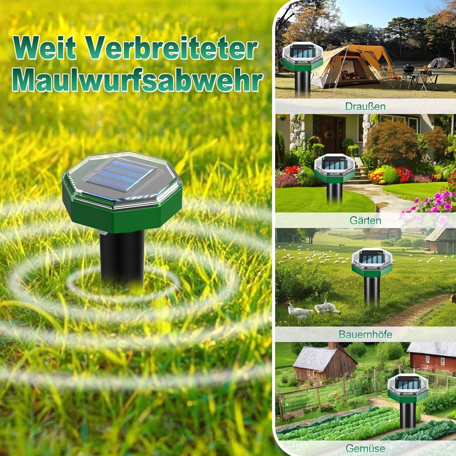 Dissuasore per talpe, a energia solare, a ultrasuoni, per topi, arvicole, serpenti, scoiattoli, IP65, impermeabile, per giardino, 4 pezzi