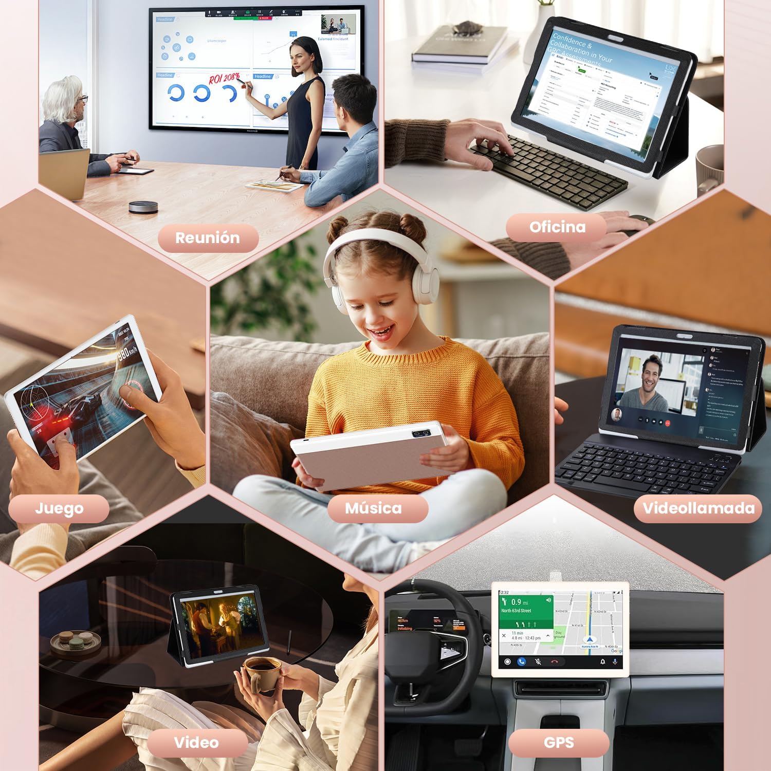 Collage of various tablet usage scenarios: meetings, office work, gaming, listening to music, video calls, watching videos, and using GPS navigation.
