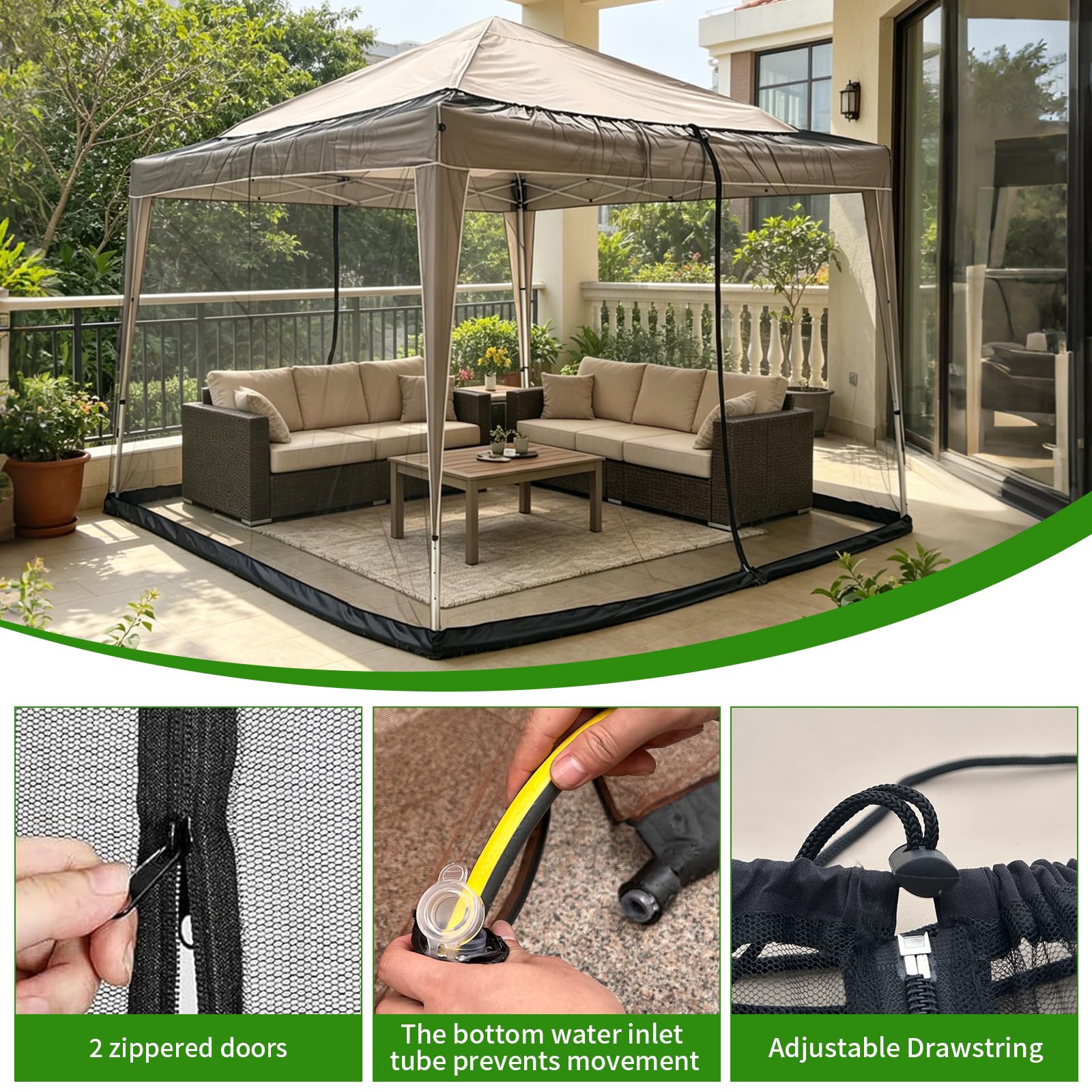 Moustiquaire pour tonnelle - 3 x 3 m - Noir - Filet anti-insectes - 2 fermetures éclair - Réglable - Maille fine - Pied rempli d'eau - Pour jardin, patio, cour, camping