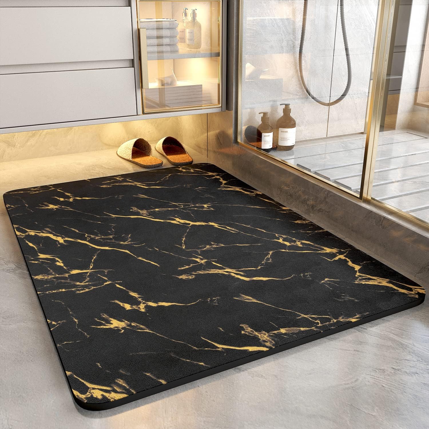 COCOER Bath Mat-Absorbent Stain Resistant Non Slip Quick Dry Rug for Bathroom-Black Golden 17”x27” Black Golden 2'3" x 1'5" (Rectangular)