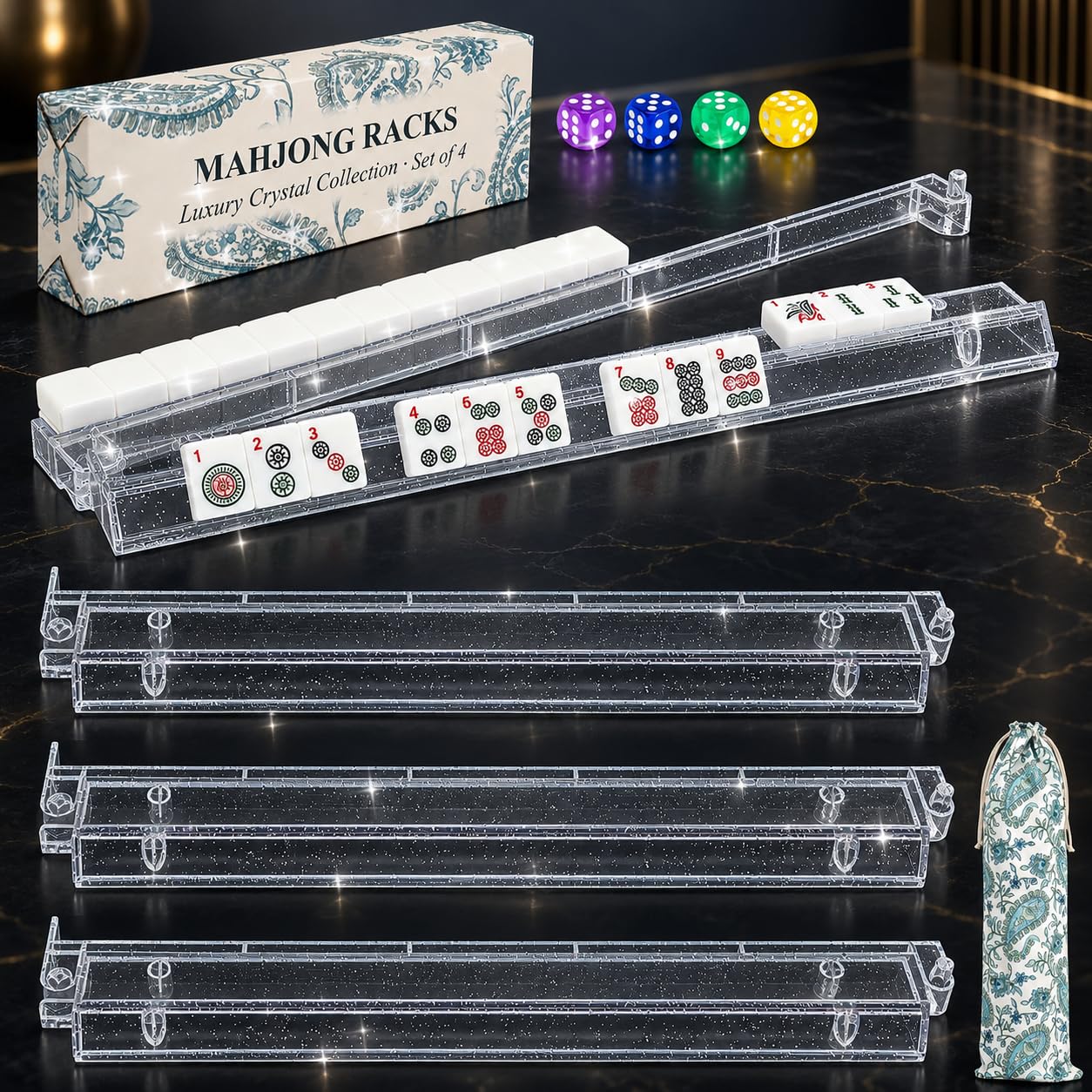Clear Mahjong Racks with Pushers Set of 4, Non-Slip Mahjong Pushers