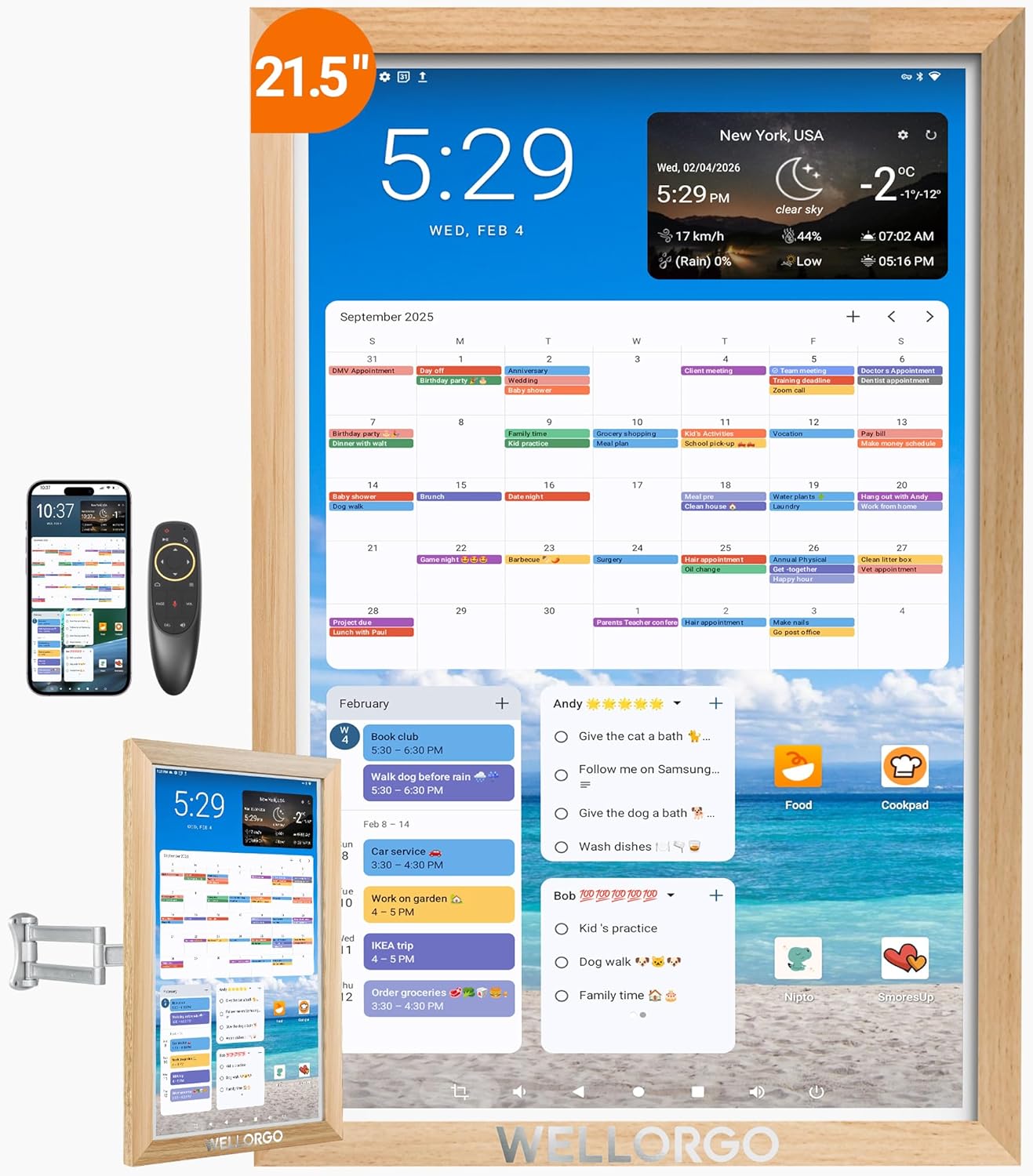 Smart Digital Calendar with Touch Screen:21.5 Inch Electronic Family Planner with Mobile Control, Supports Google Play & Multi-Calendar Sync,Customizable Chore Chart & Meal Planner,Wall-mountable