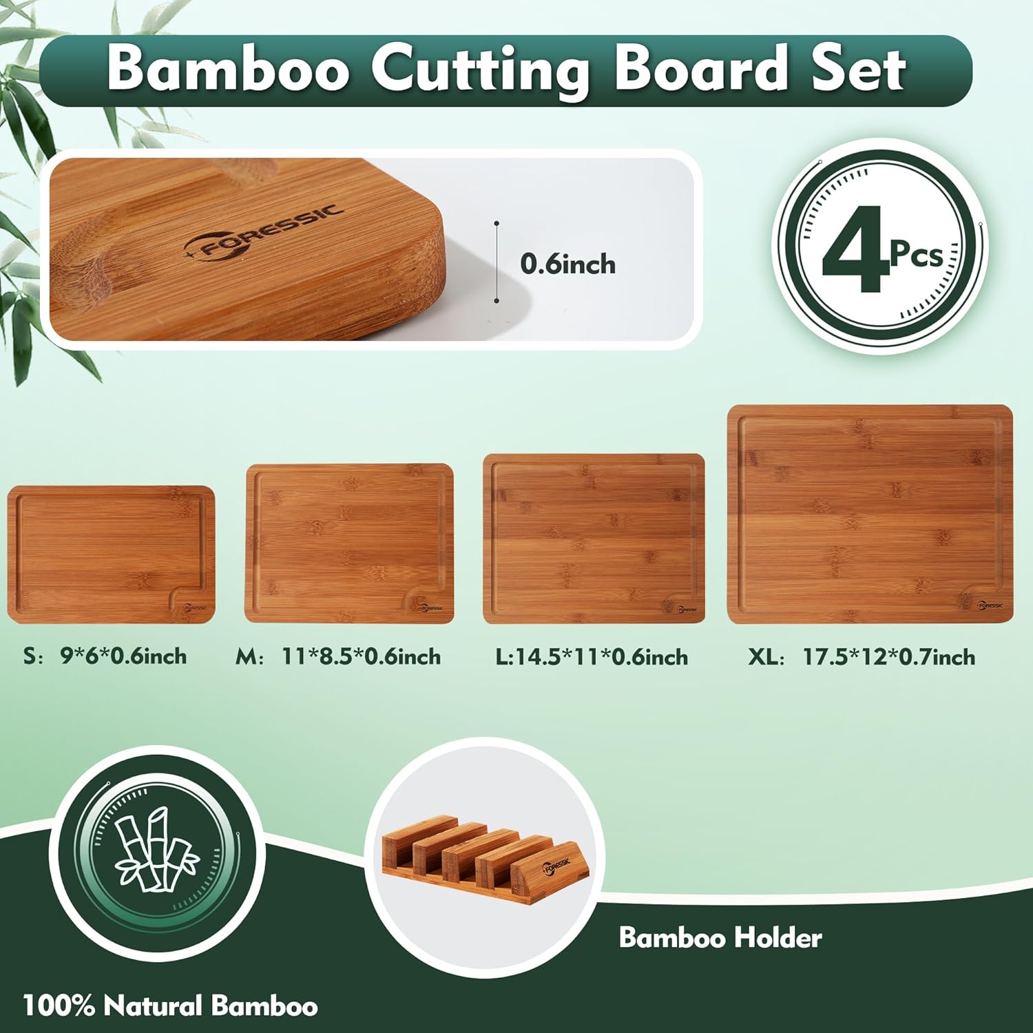 Wood Cutting Board Carbonized Bamboo Set With Smooth Surface Set 4 Packs with Non Slip Feet Holder and Over Sink Solid Thick Durable Wood Charcuterie Cheese Serving Tray Kitchen Gadgets (Carbonized)