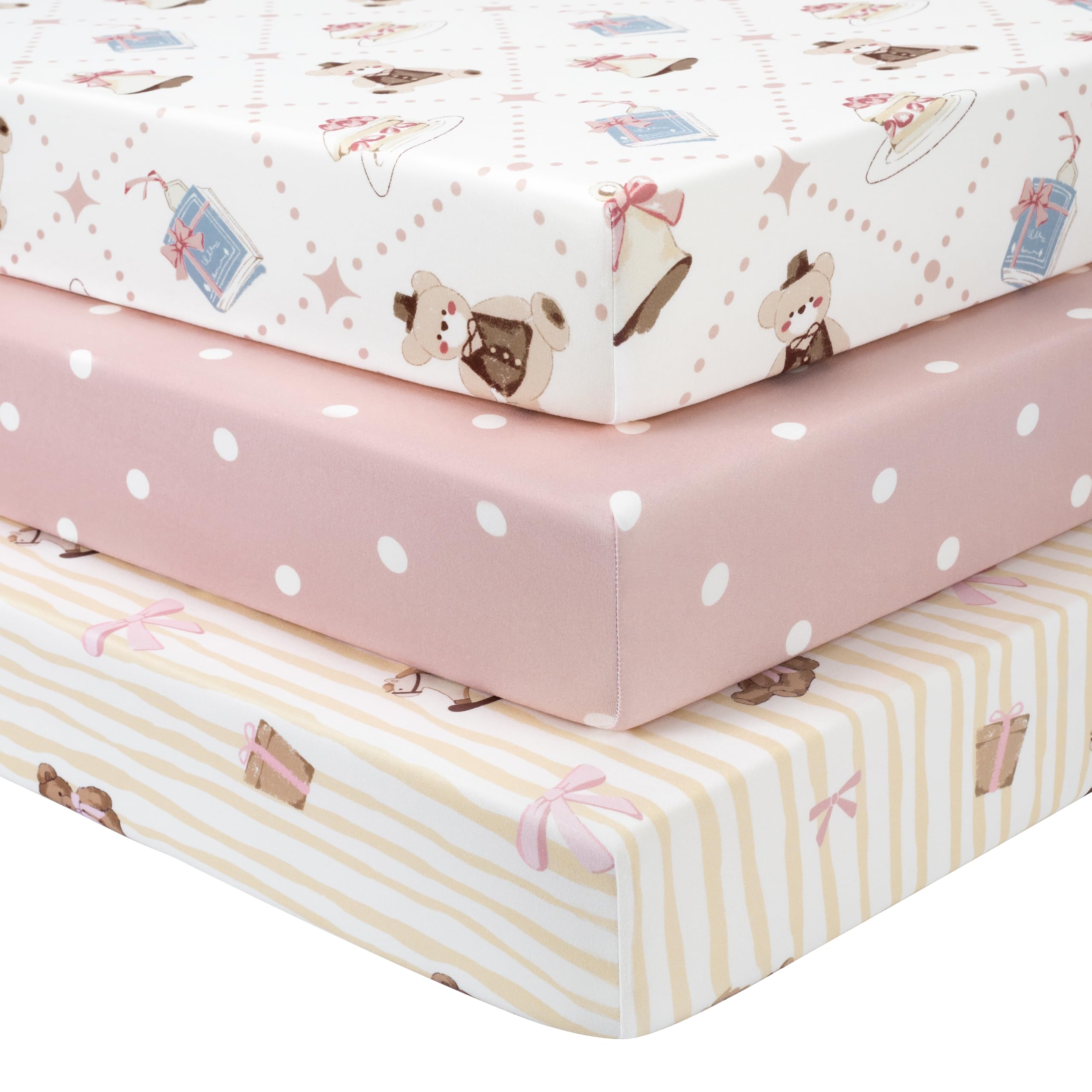 Fiemol Lenzuola Lettino 140x70 cm, Confezione da 3 Coprimaterassi per Lettino Neonato, Lenzuola con Angoli Elasticizzate in Microfibra Ultra Morbida e Setosa, Orso Rosa
