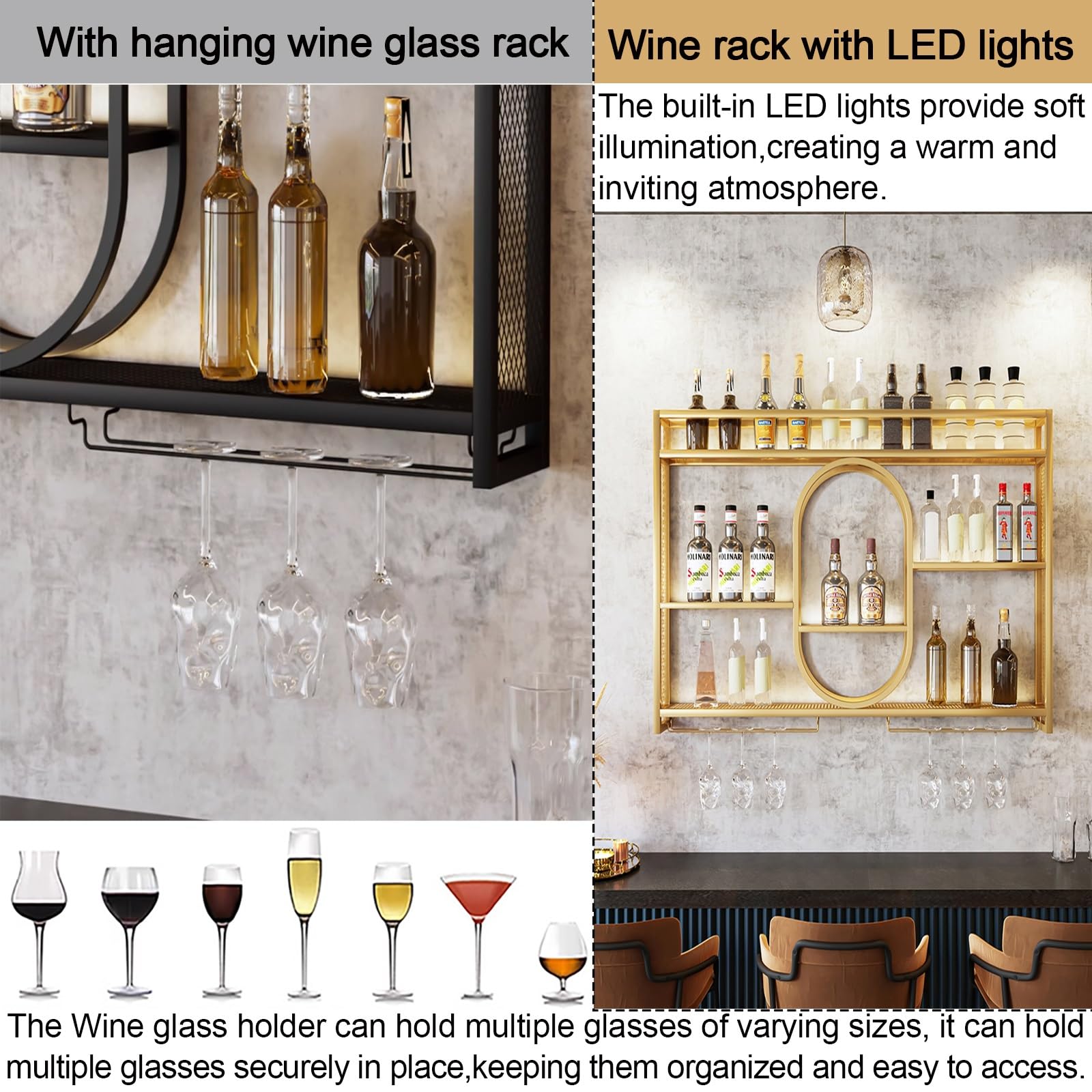ISCBAFYX Pływający metalowy stojak na wino z oświetleniem LED Półki do montażu na ścianie na szklanki i butelki z alkoholem Półka o dużej pojemności lub dekoracja kuchenna Czarny/złoty