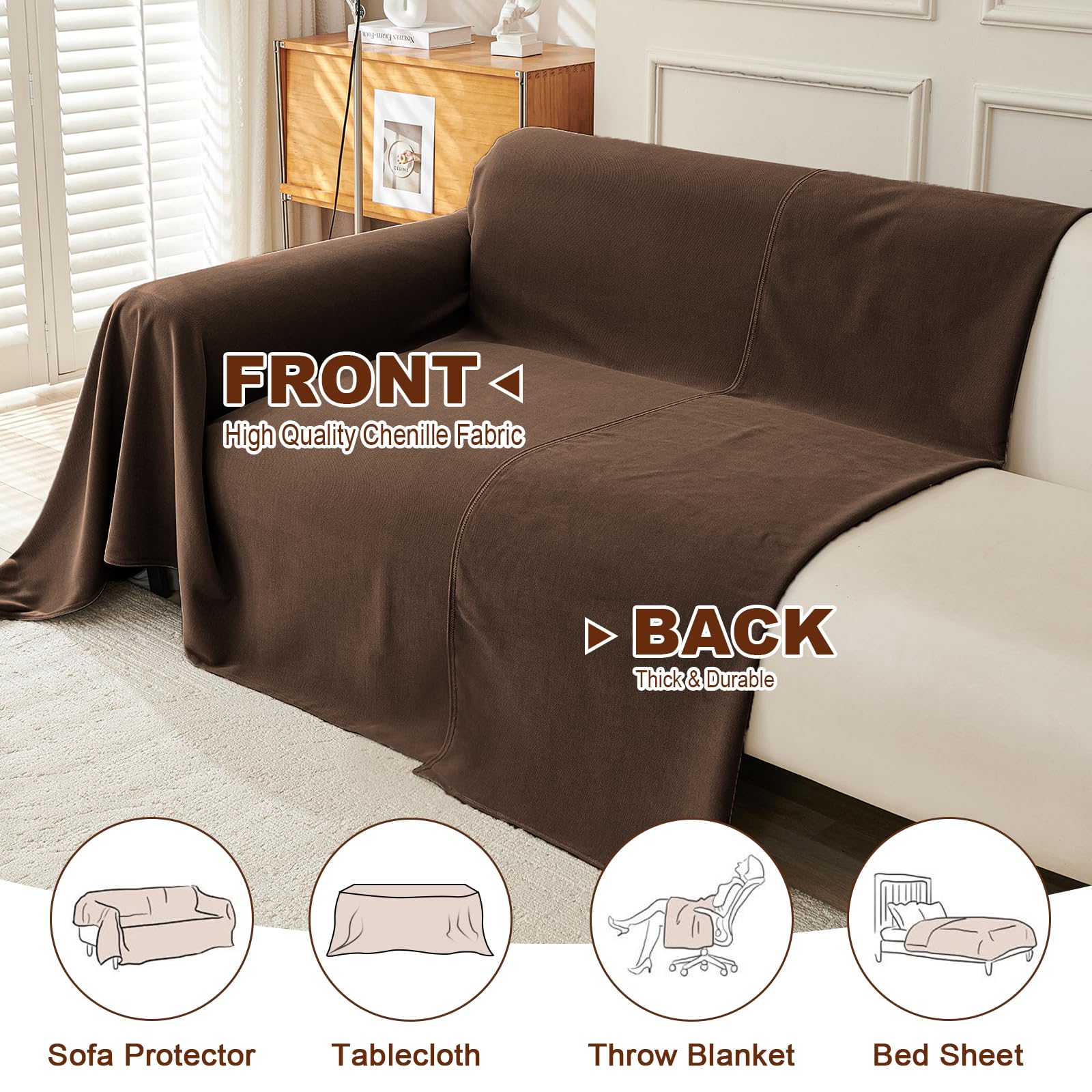 Royhom Sofa Überzug, Chenille Couch Überzug Ecksofa, Sofabezug L Form, Sofa Schutzdecke, Sofahusse mit Armlehne, Sofaüberwurf Decke Weich und Bequem, Brown, 340x180 cm