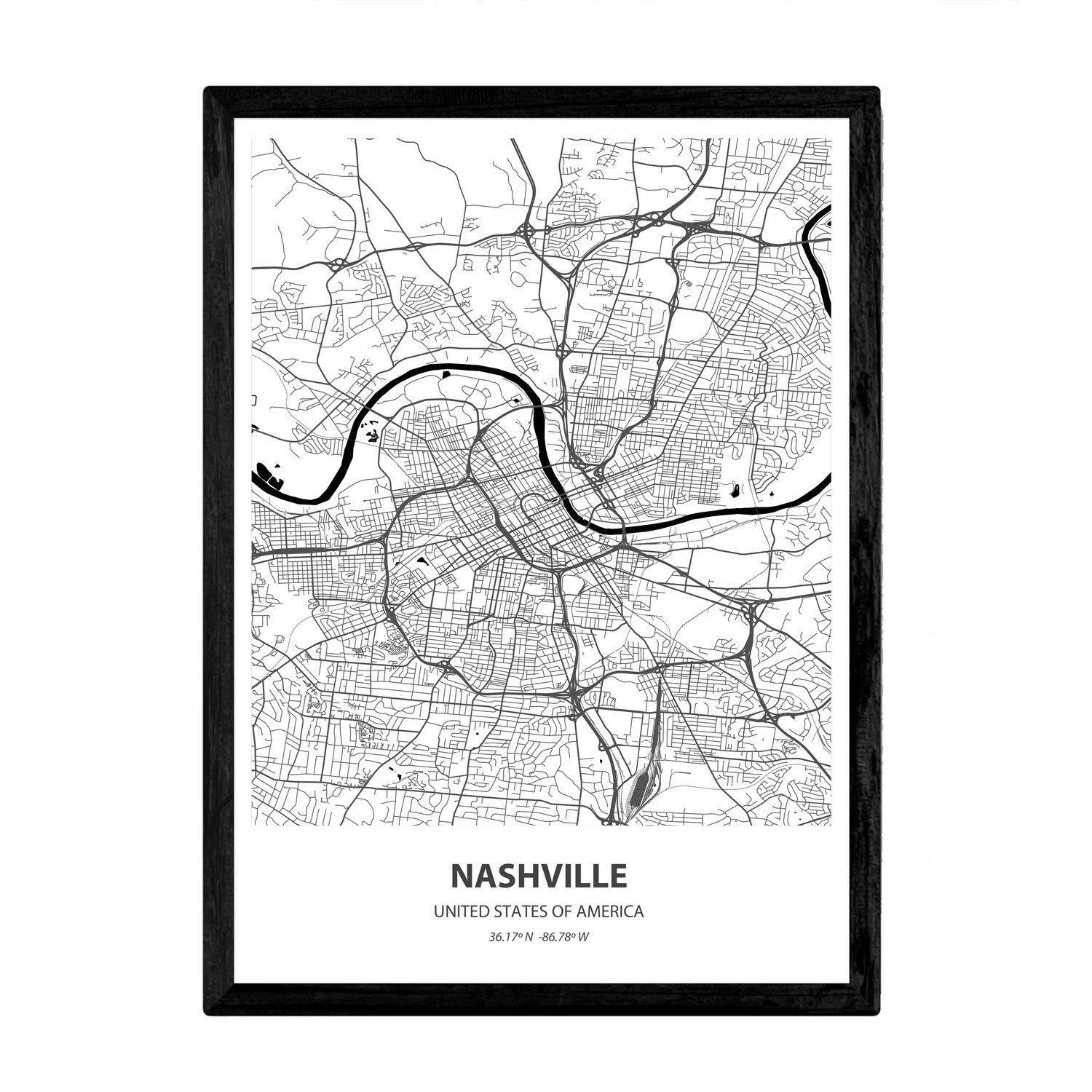 Nacnic Poster with map of Nashville - USA. Sheets US cities with seas and rivers in black color. A4 size
