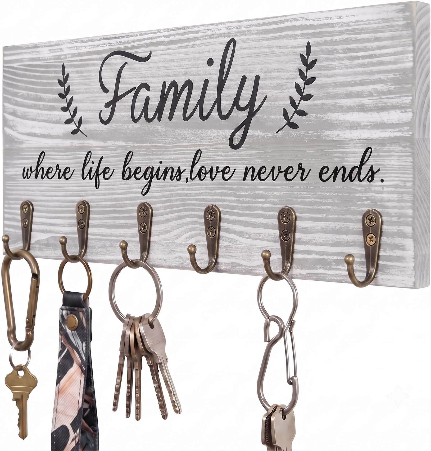 AHYS Key Holder Wall Mount Family Wall Decor Wooden Key Rack Hanger with 6 Hooks for Farmhouse Home Entryway Living Room Decor - Light Grey