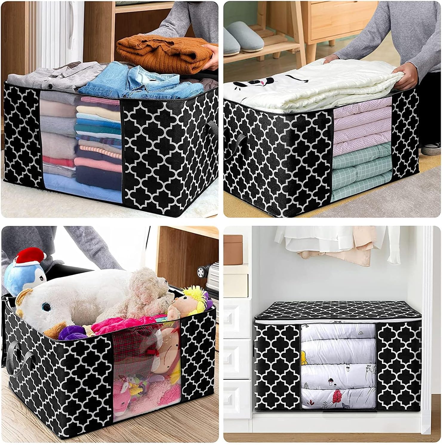 EAUSO Clothes Storage, 3 Pack 100L Large Clothes Storage Bags, Foldable Closet Organizer Storage Containers with Reinforced Handle, Clear Window, Sturdy Zippers, Black,Multifunctional Containers