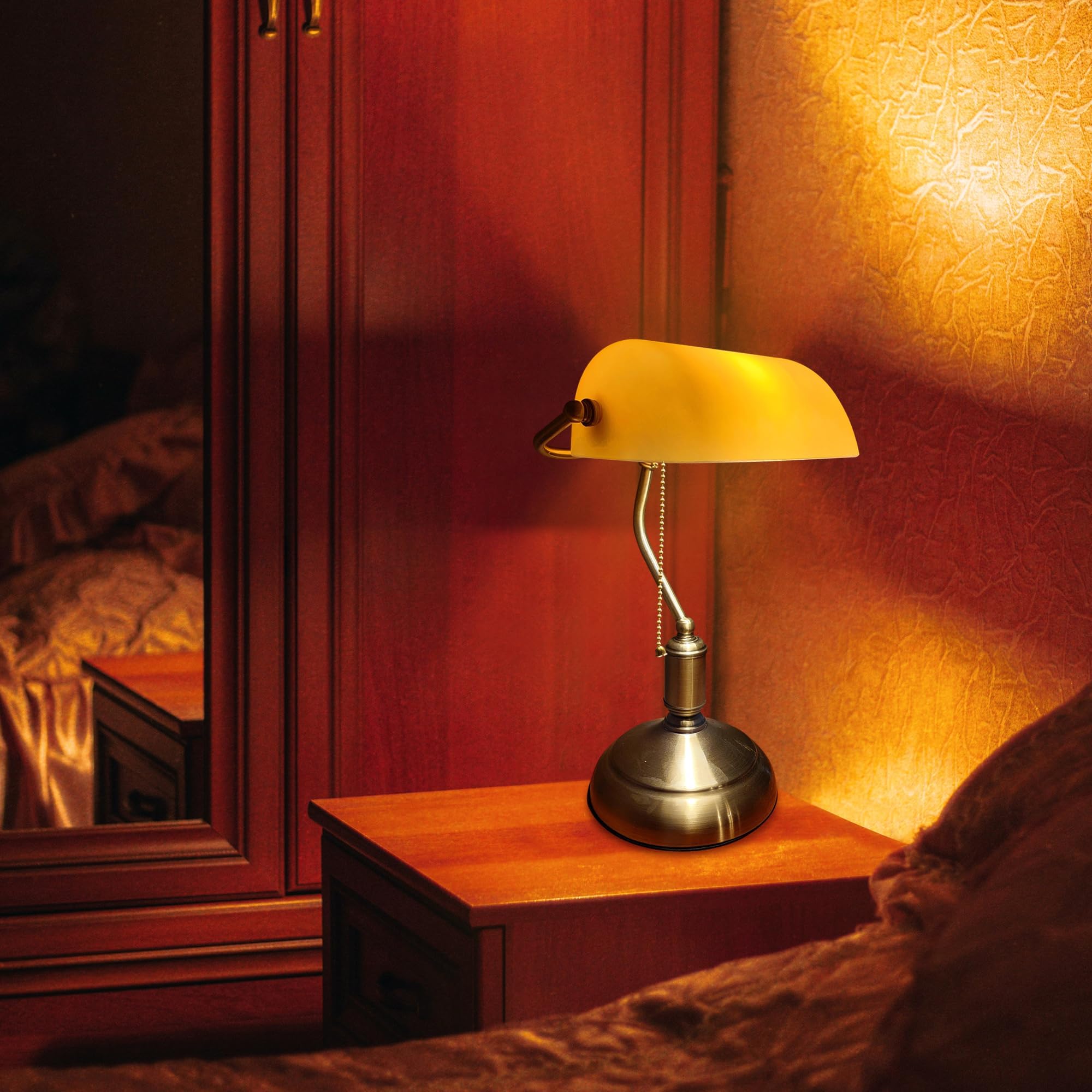 Retro-Stil Tischlampe Kabellos Warmweißes, Wiederaufladbar Tischleuchte, Dimmbar Banker-Schreibtischlampe aus antikem gelb Glas Für Schlafzimmer, Arbeitszimmer -TD1119-CD-DIM