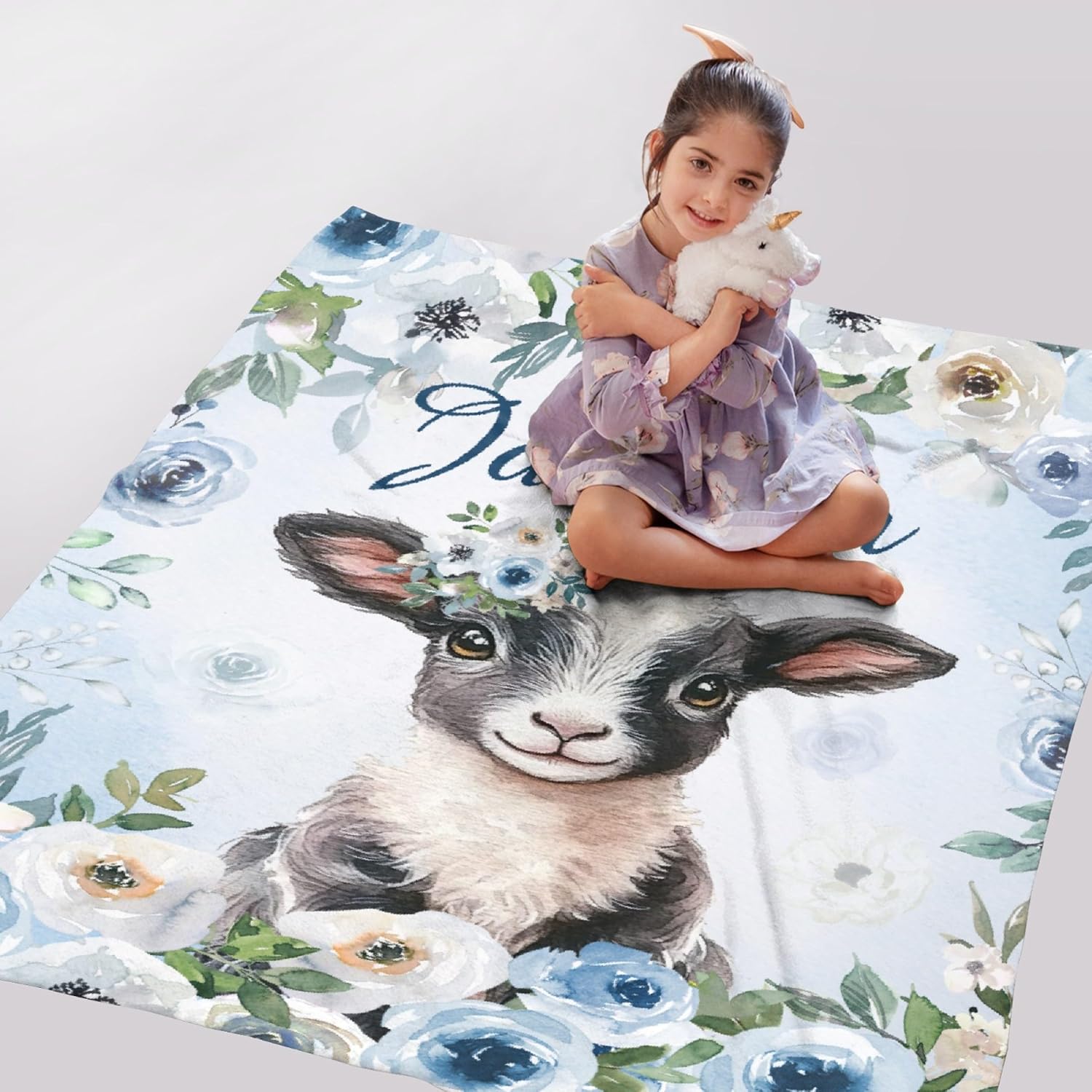 Personalized Goats Floral Blanket Gift for Boy Girl, Custom Goats Floral Plush Blanket Decor Soft Flannel Fleece Lightweight Throw Blanket Quilt for Couch Sofa 60x50In for Teens/Travel