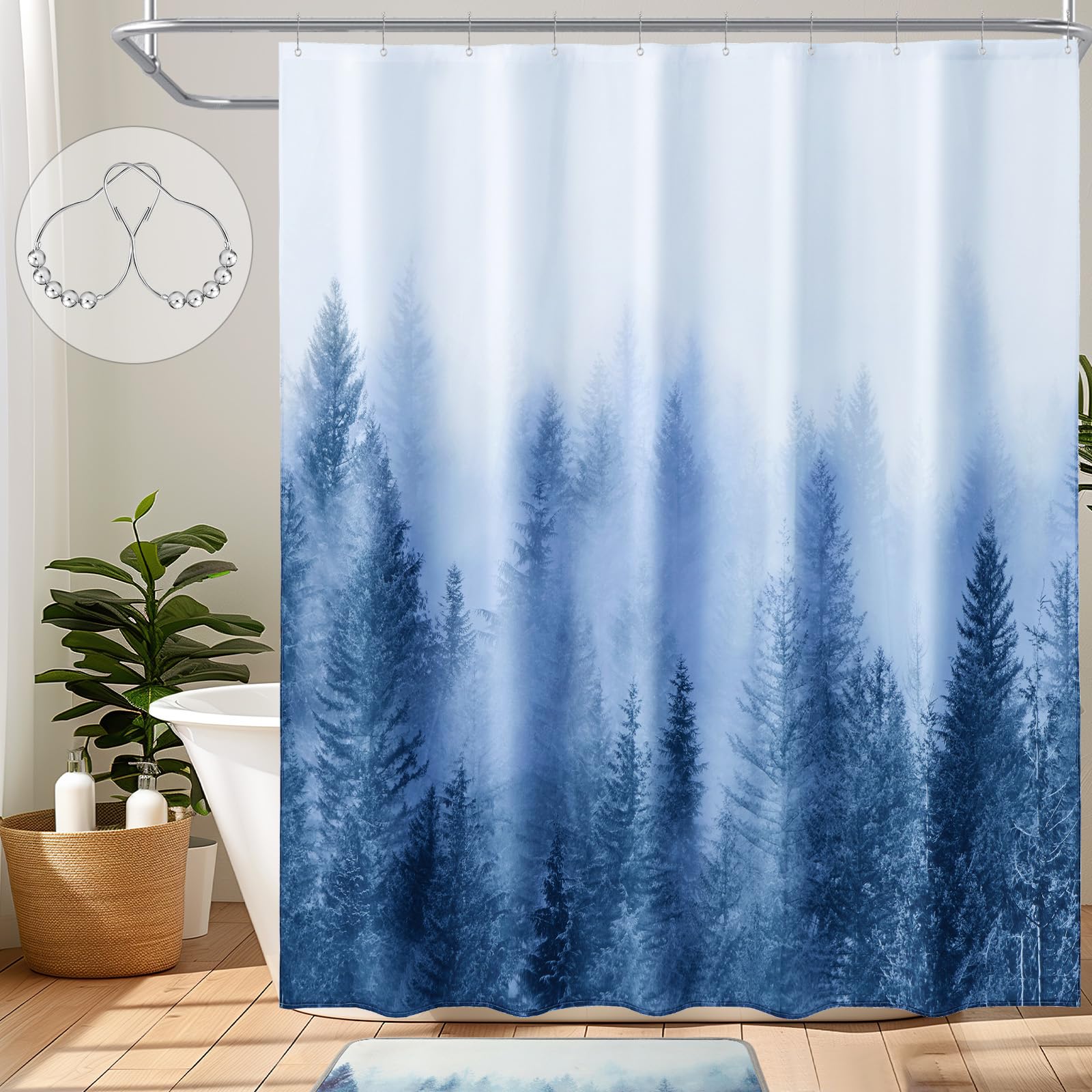 ORTIGIA Blue Shower Curtain for Bathroom, Misty Forest Nature Woodland Shower Curtain Set with Metal Hooks, Decorative Pine Tree Fog Magic Bath