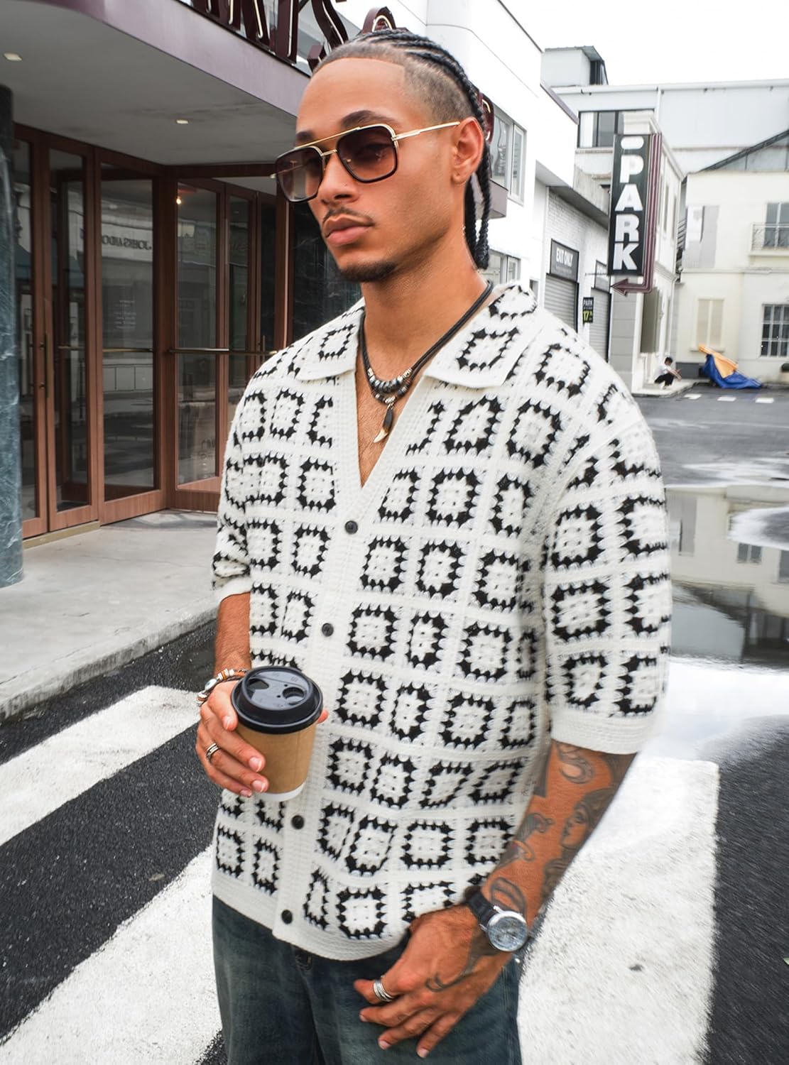 Mens Grunge Y2K Crochet Button Down Shirt Lightweight Streetwear Mesh Fashion Short Sleeve Concert Festival - Image 6