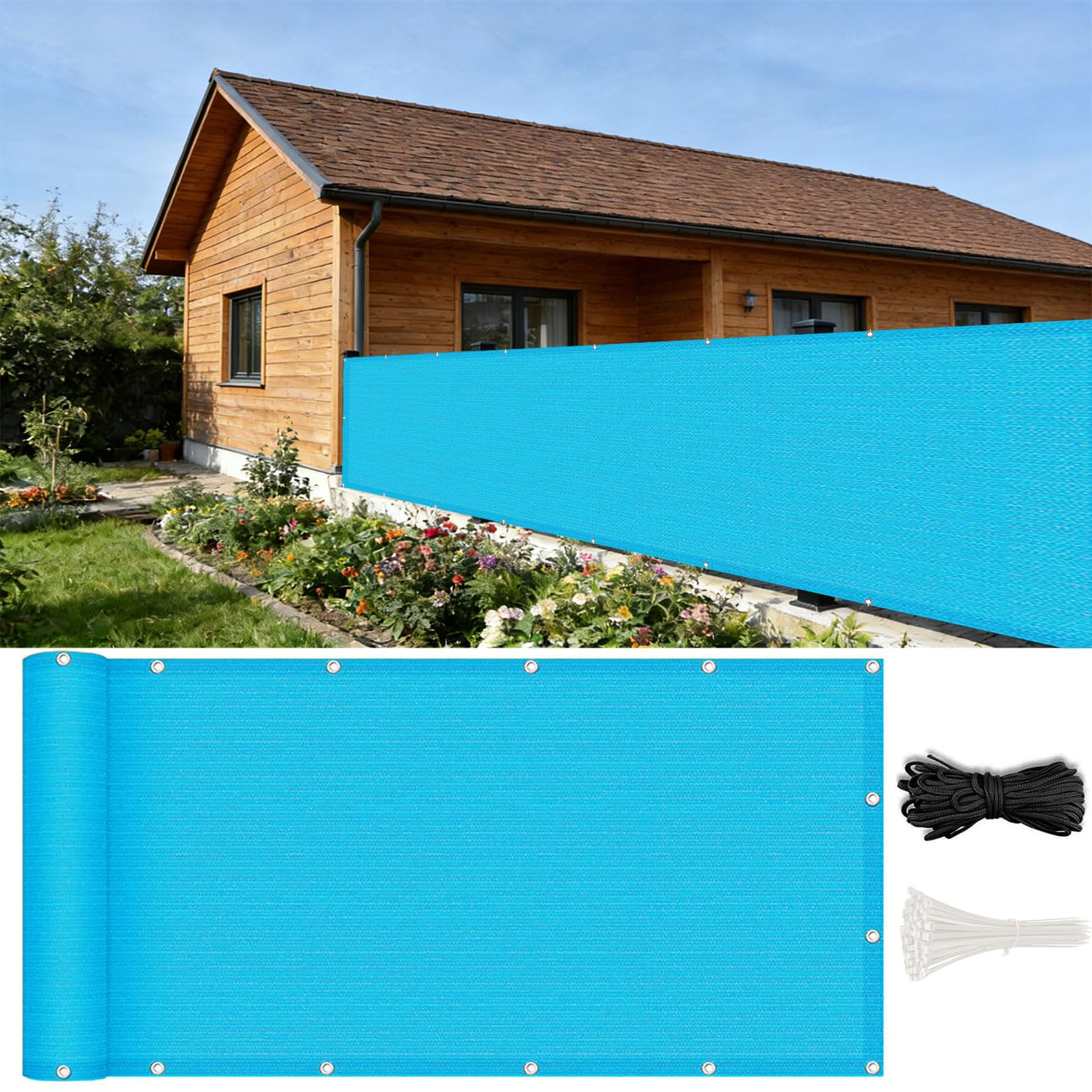 Brise-vue pour balcon 80x730 cm bleu ciel avec œillets et attaches pour extérieur