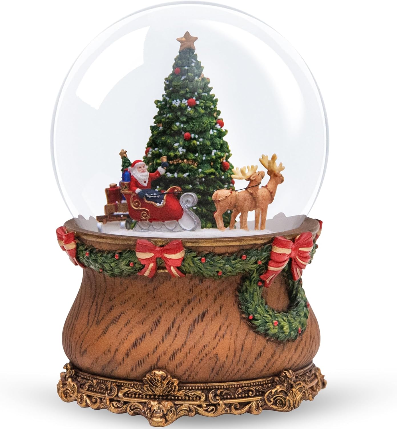 Santa Sleigh and Reindeer Christmas Tree Snow Globe, Glittering Snowflakes, Festive Decoration, for Family, Friends, Plays Jingle Bells Tune
