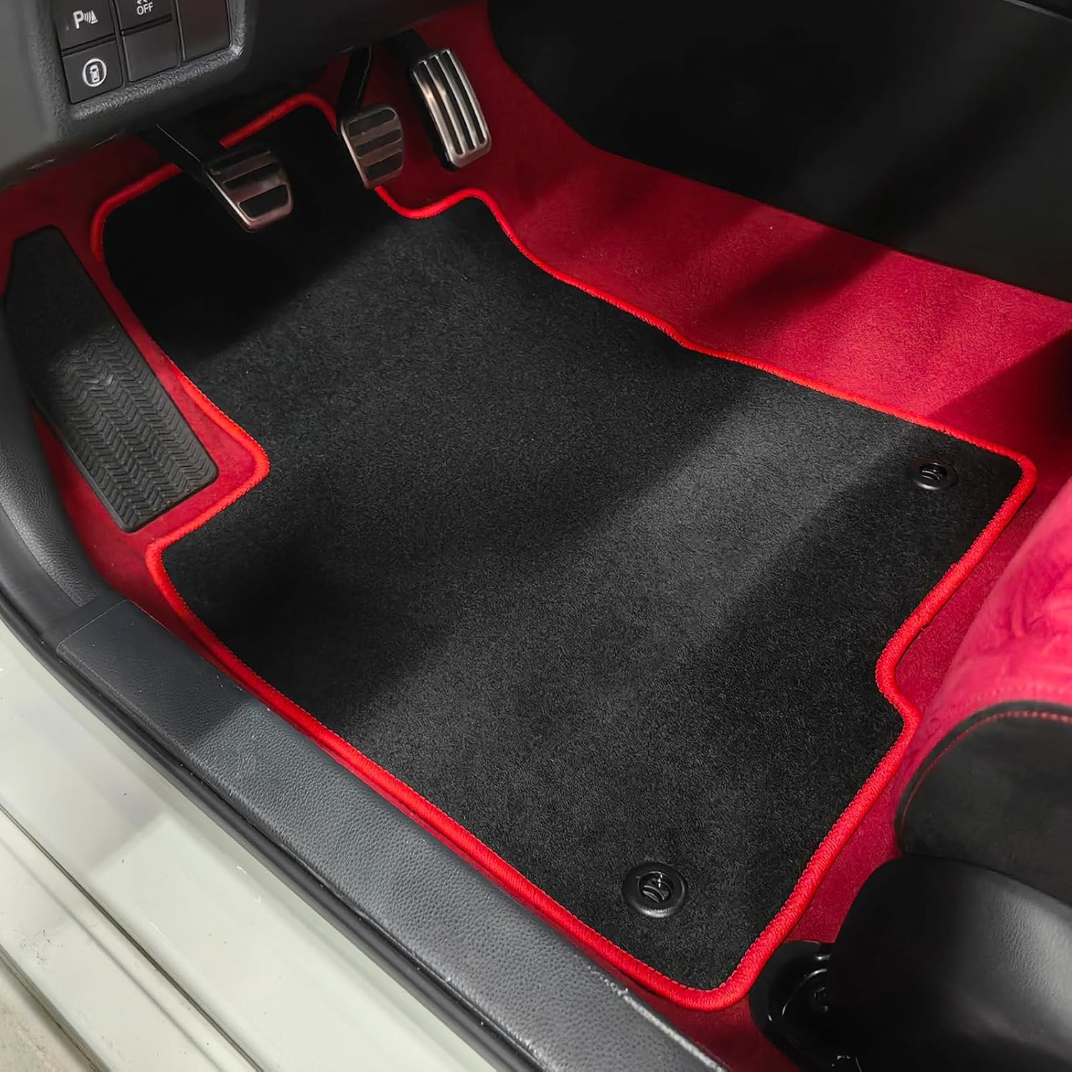 IKON MOTORSPORTS, Floor Mats Compatible with 2022-2026 Honda Civic & 2023-2026 Acura Integra, Black with Red Edge Nylon Flooring Mats Carpet 4PC Set