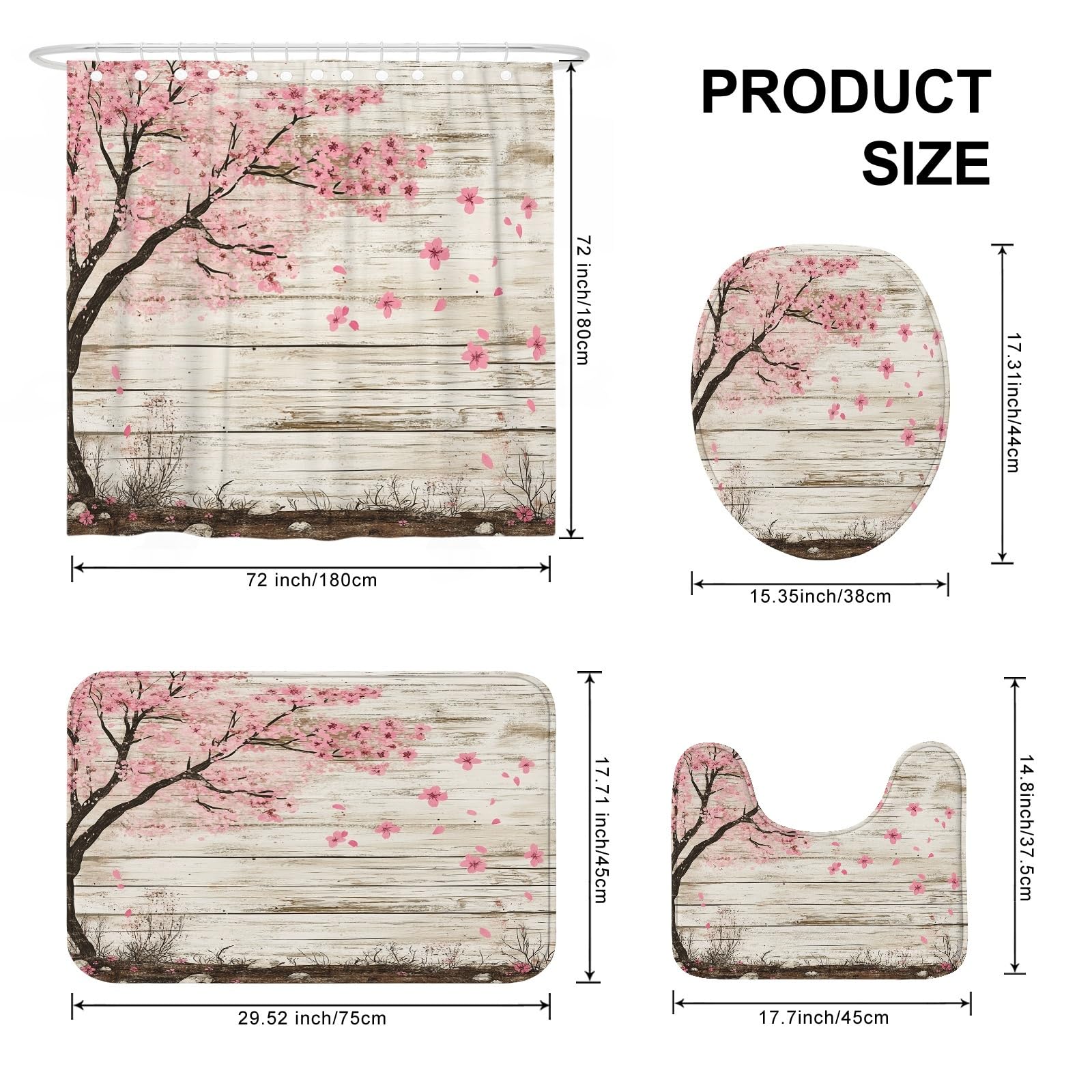 4 cortinas de ducha rústicas de cerezo en flor de primavera de 72 x 72 pulgadas con ganchos, juego de baño con alfombra de baño, cubierta de tapa de inodoro en forma de U, decoración de tela de baño