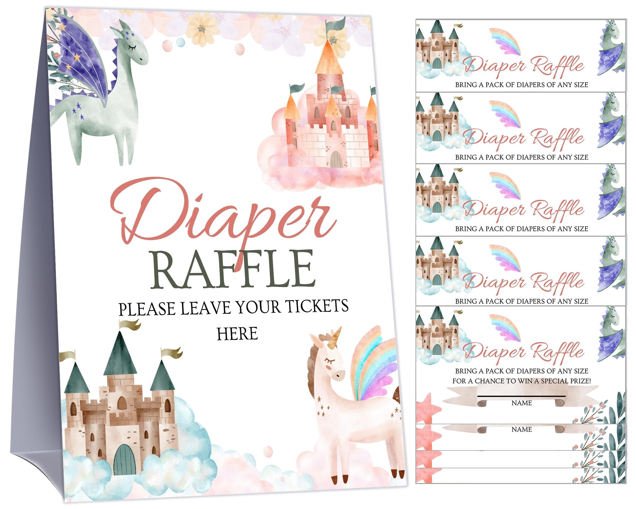 Castle & Princess-Themed Diaper Raffle Sign & 50 Tickets - Double-Sided 5x7in Self-Standing Sign, Enchanted Towers for Baby Girl Showers - 3.5x2in Cards, Royal Feminine Flourishes, Smear-Free Elegant