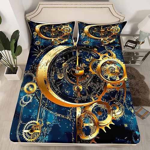 Manfei Gears - Sábana bajera ajustable tamaño individual, funda de cama dorada con 1 funda de almohada, estilo steampunk, 2 piezas para decoración