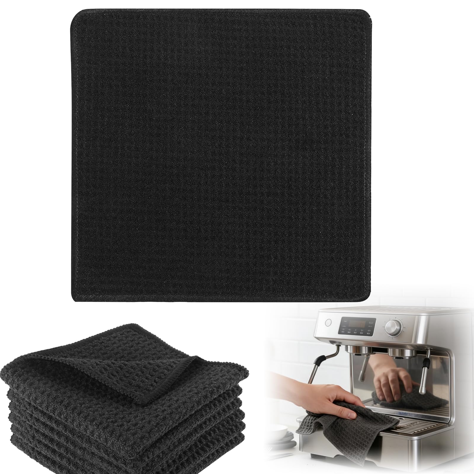Fresilkora 6 Pack Black Microfibre Tea Drying Towels Waffle Texture 20x20cm, Super Absorbent Dish Cloths for Kitchen, Quick Dry No Lint Barista Cloth, Washable Cleaning Towels for Drying Dishes
