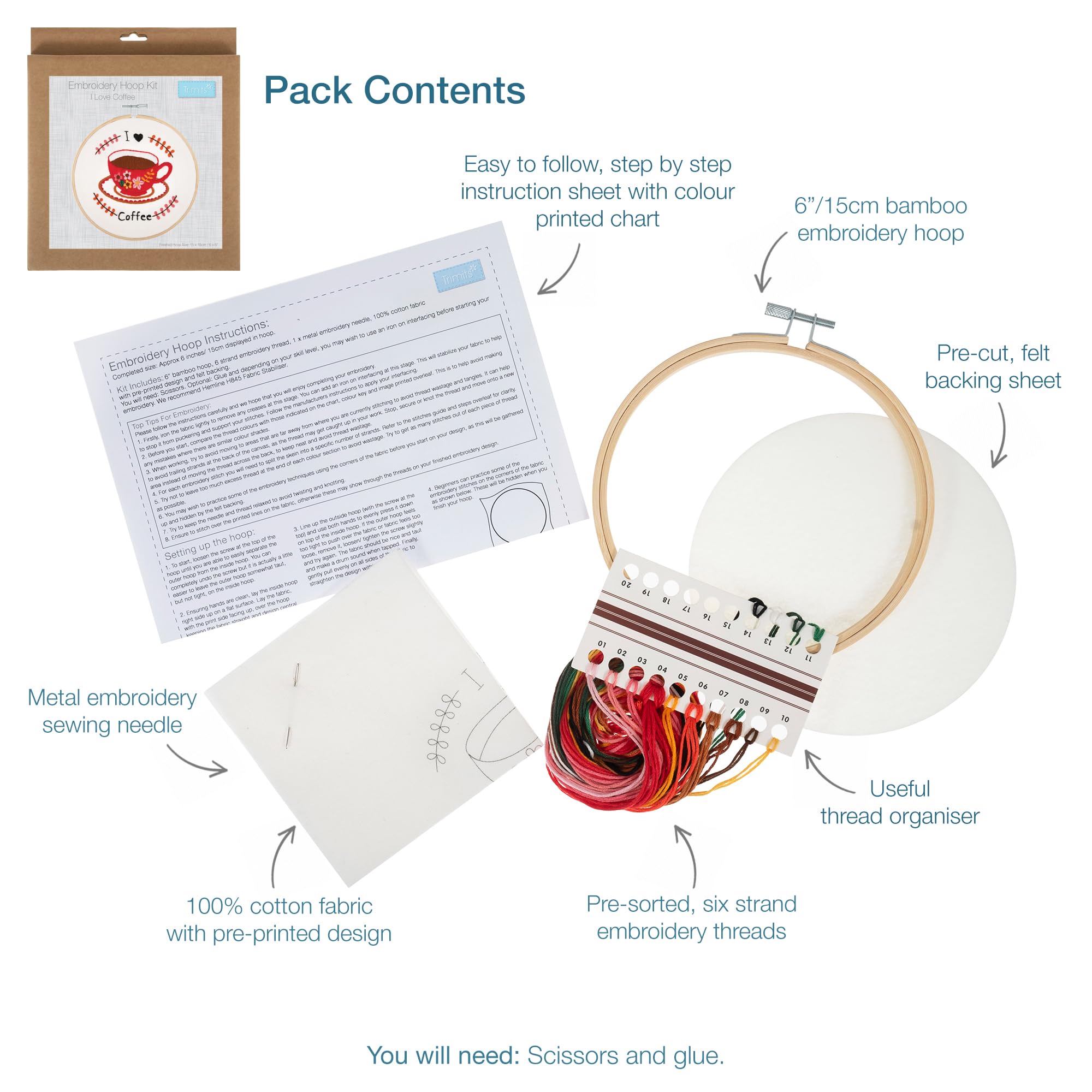 Trimits Embroidery Hoop Kits, 15cm 6” Beginner Starter Set, Includes Bamboo Hoop Threads Cloth Needle Backing & Instructions - Image 2