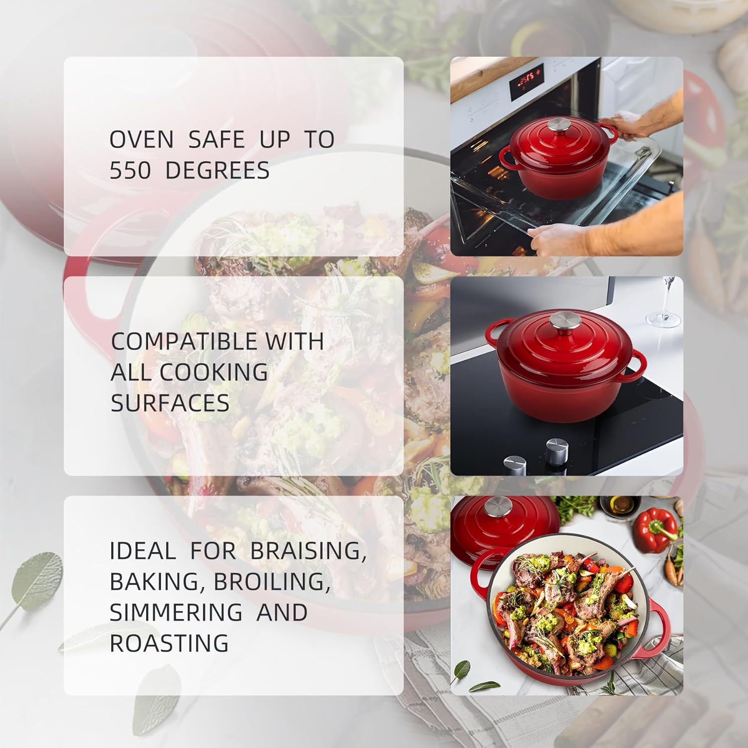 3 Quart Dutch Oven Enameled Cast Iron with Lid - Big Dual Handles - Oven Safe up to 500°F - Classic Round Pot for Versatile Cooking Red